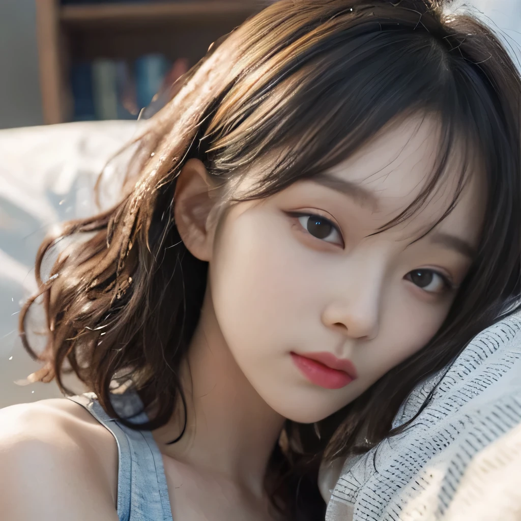 best image quality、RAW photo、超A high resolution、close up of face、8 year old pretty girl、Shooting for one person only、small breasts、beautiful clavicle、Tank top、gentle eyes、kind eyes(droopy eyes)、pale complexion(Blue-black)、beautiful eyelashes、Clear double eyelids、sleeping on my back in a big bed、black hair、Curly Short Bob、dark, plump cheeks、smile、lightweight、eyebrow(thick、dark)、droopy eyes、amazing curly hair、small lips、no makeup、Quiet Girl、black eye、tight natural perm、droopy eyes(emphasize)、no makeup、The corners of the eyes are drooping.、ゲジゲジeyebrow、Cod lips、The distance between the eyes is narrow、sleeping head、太くdarkeyebrow、small lips(purple)、no makeup、round face、purpleの口紅、