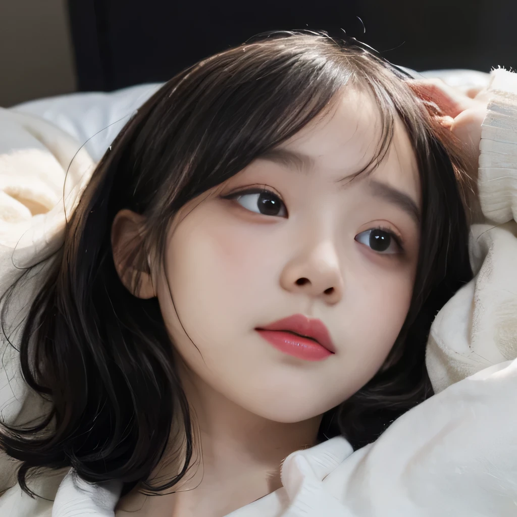 best image quality、RAW photo、超A high resolution、close up of face、8 pretty girl、Shooting for one person only、small breasts、beautiful clavicle、Tank top、gentle eyes、kind eyes(droopy eyes)、pale complexion(Blue-black)、beautiful eyelashes、Clear double eyelids、sleeping on my back in a big bed、black hair、Curly Short Bob、dark, plump cheeks、smile、lightweight、eyebrow(thick、dark)、droopy eyes、amazing curly hair、small lips、no makeup、Quiet Girl、black eye、tight natural perm、droopy eyes(emphasize)、no makeup、The corners of the eyes are drooping.、ゲジゲジeyebrow、Cod lips、The distance between the eyes is narrow、sleeping head、太くdarkeyebrow、small lips(purple)、no makeup、round face、