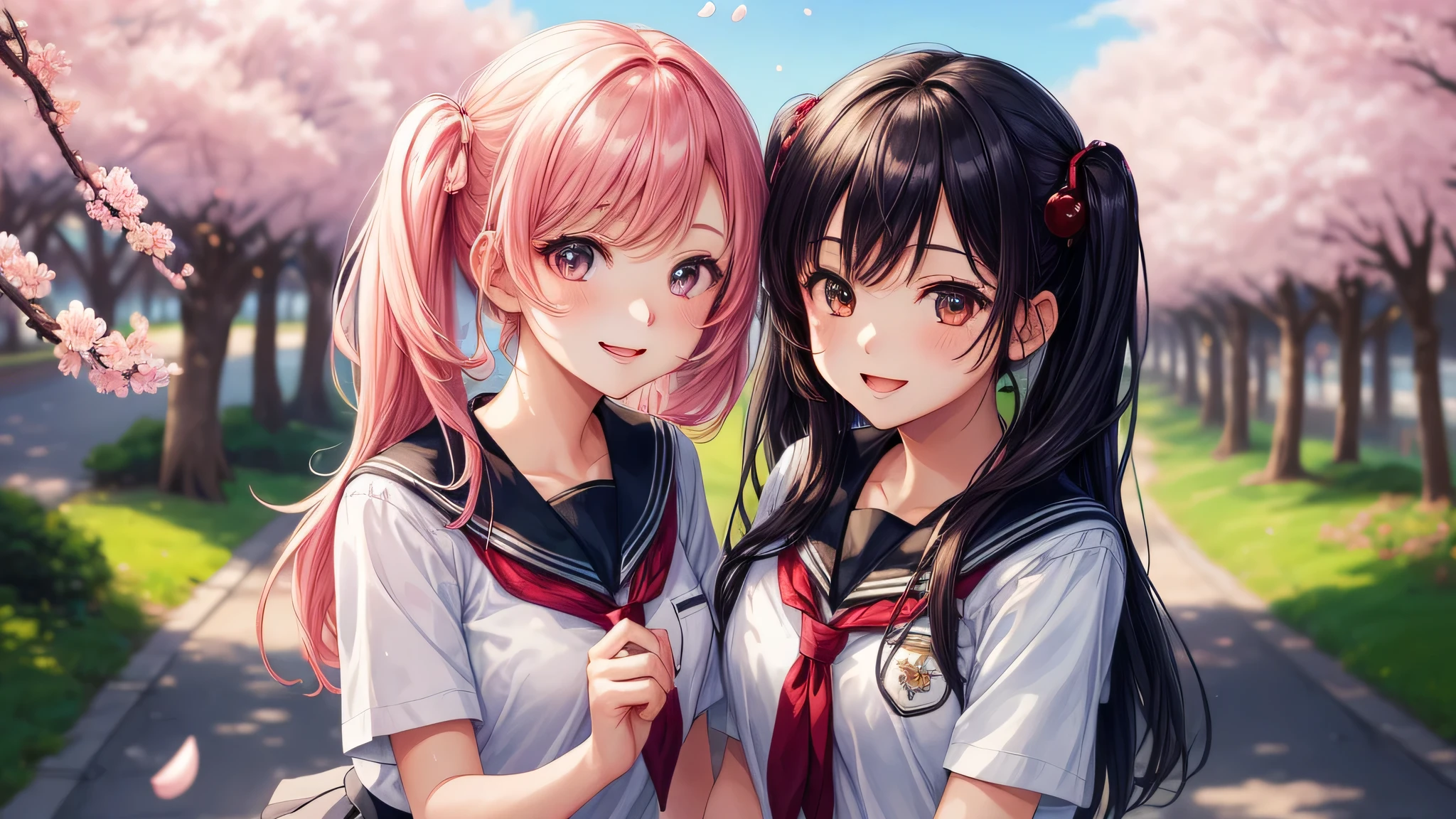 (2 girls:1.2), cute face, shining smile, twin tails, (school uniform, mini skirt:1.2), (highest quality: 1.4), (Super detailed), (highest quality:1.4), (super detailed), (cherry blossomsのトンネル in full bloom, cherry blossomsのトンネル), road, Day光, cherry blossoms, cherry blossoms, Sunny, cloud, Day, blue sky, (anime illustration), very high resolution, (Upper body), (close up face)