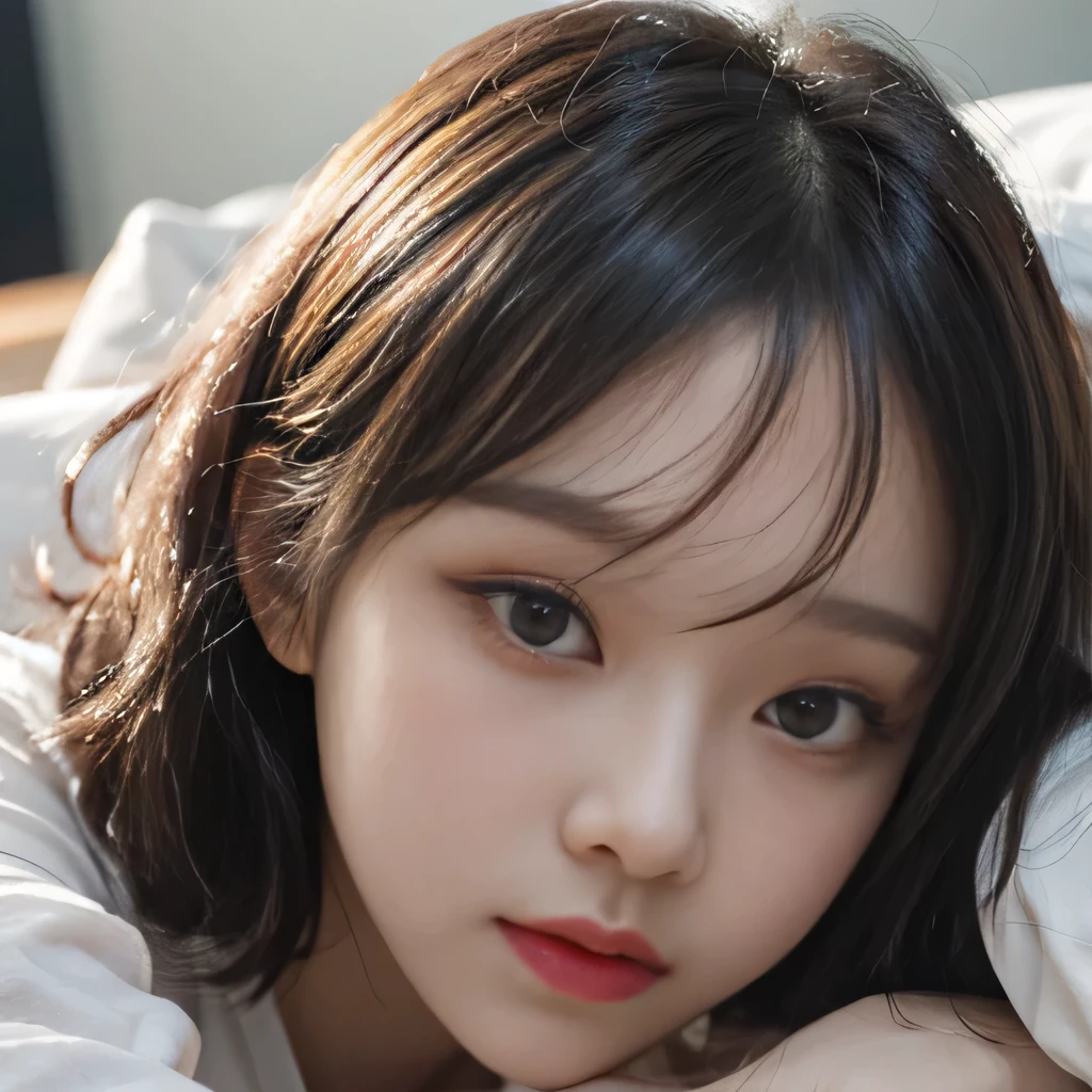 best image quality、RAW photo、超A high resolution、close up of face、8 pretty girl、Shooting for one person only、small breasts、beautiful clavicle、Tank top、gentle eyes、kind eyes(droopy eyes)、pale complexion(Blue-black)、beautiful eyelashes、Clear double eyelids、sleeping on my back in a big bed、black hair、Curly Short Bob、dark, plump cheeks、smile、lightweight、eyebrow(thick、dark)、droopy eyes、amazing curly hair、small lips、no makeup、Quiet Girl、black eye、tight natural perm、droopy eyes(emphasize)、no makeup、The corners of the eyes are drooping.、ゲジゲジeyebrow、Cod lips、The distance between the eyes is narrow、sleeping head、太くdarkeyebrow、small lips(purple)、no makeup、round face、purpleの口紅、