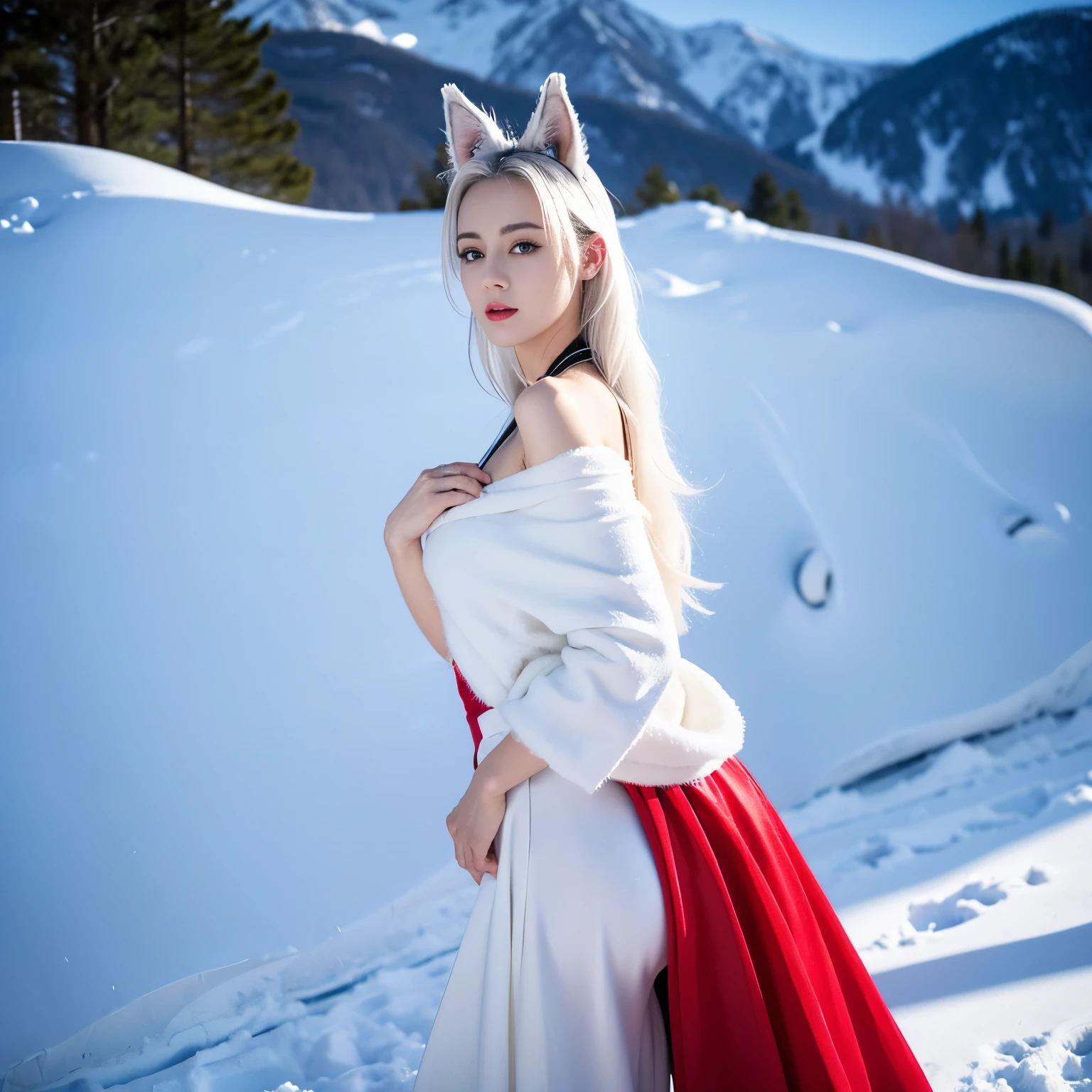 ((top quality、8k、​Masterpiece:1.3))、Extremely delicate and beautiful girl，huge breasts，bigger breasts，amazing breast size，G cup，Very white skin，fiery red lips，Waist is very thin，Thighs are very thin，White and smooth skin，Smooth and fair skin，flawless skin，Fair and shiny skin，cold white skin，The camera focuses on the chest，close shot，Big buttocks，fox ears，A scene of heavy snowfall，Snow covers the ground，snow mountain，lake，long skirt，white hair，The hair is white，Naughty
