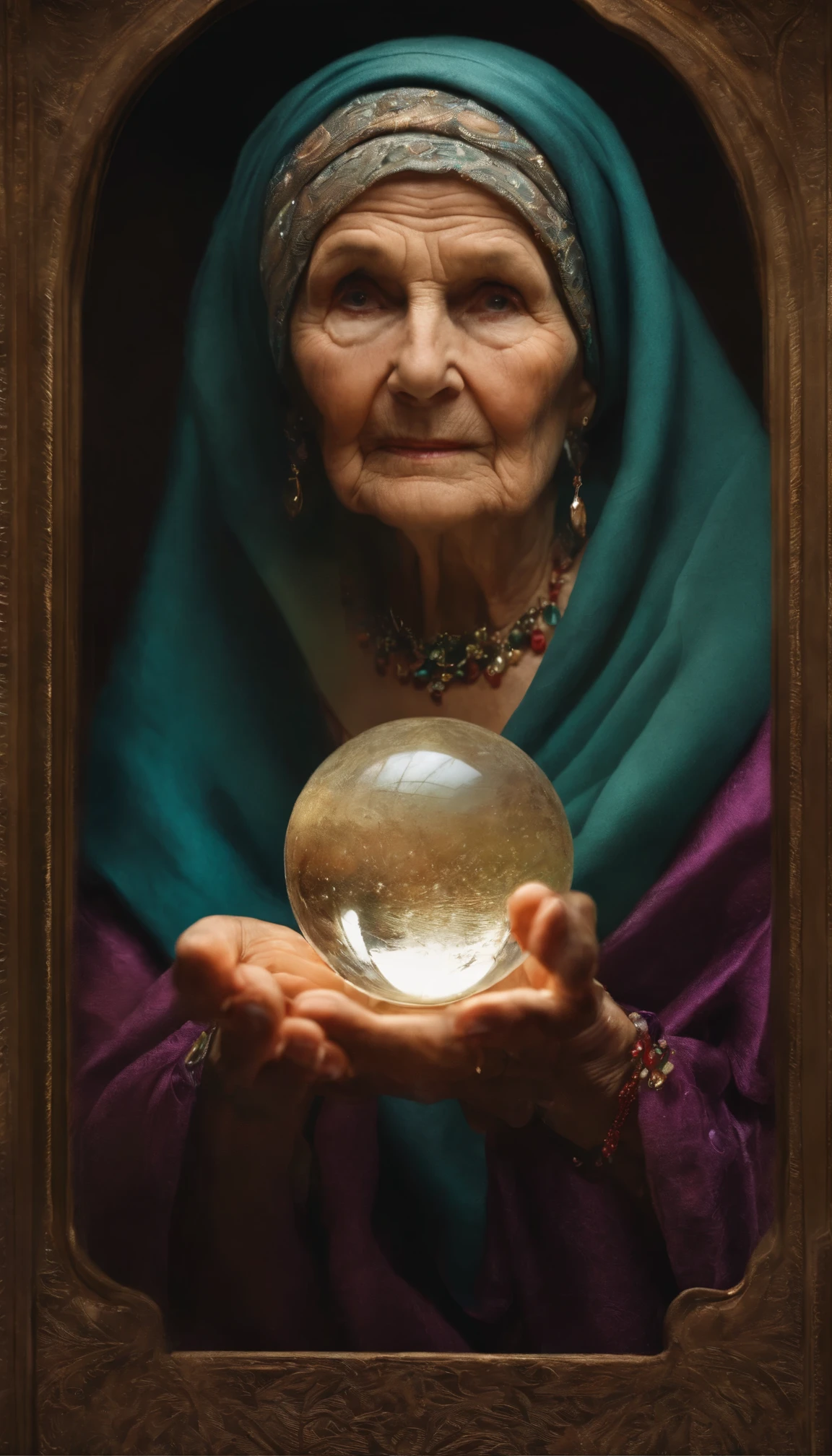 Old woman with a crystal ball and a cloth on her head,