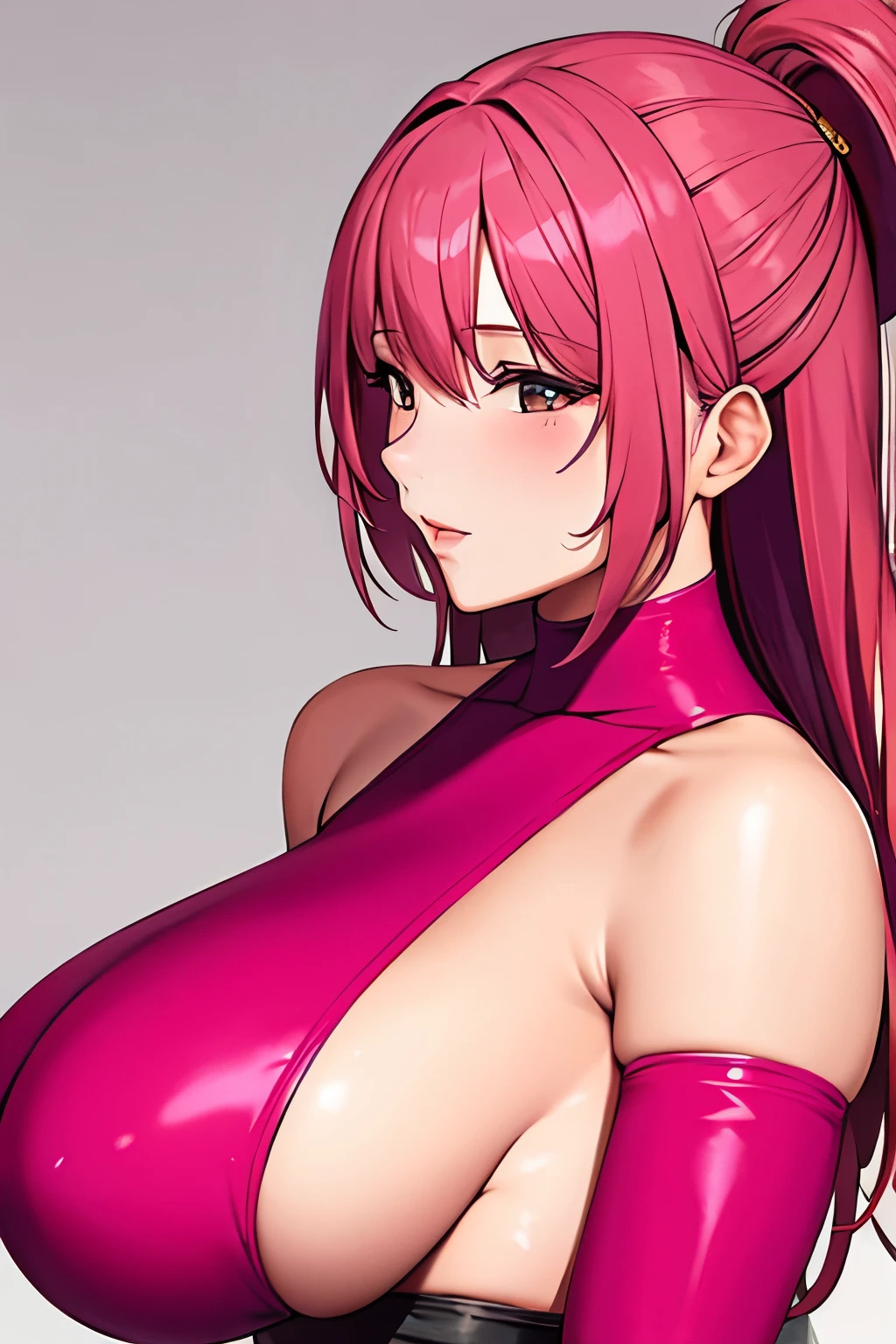 1 girl, alone,pink theme,looking at the viewer,big breasts,portrait,From the side,evil woman,((mature woman))