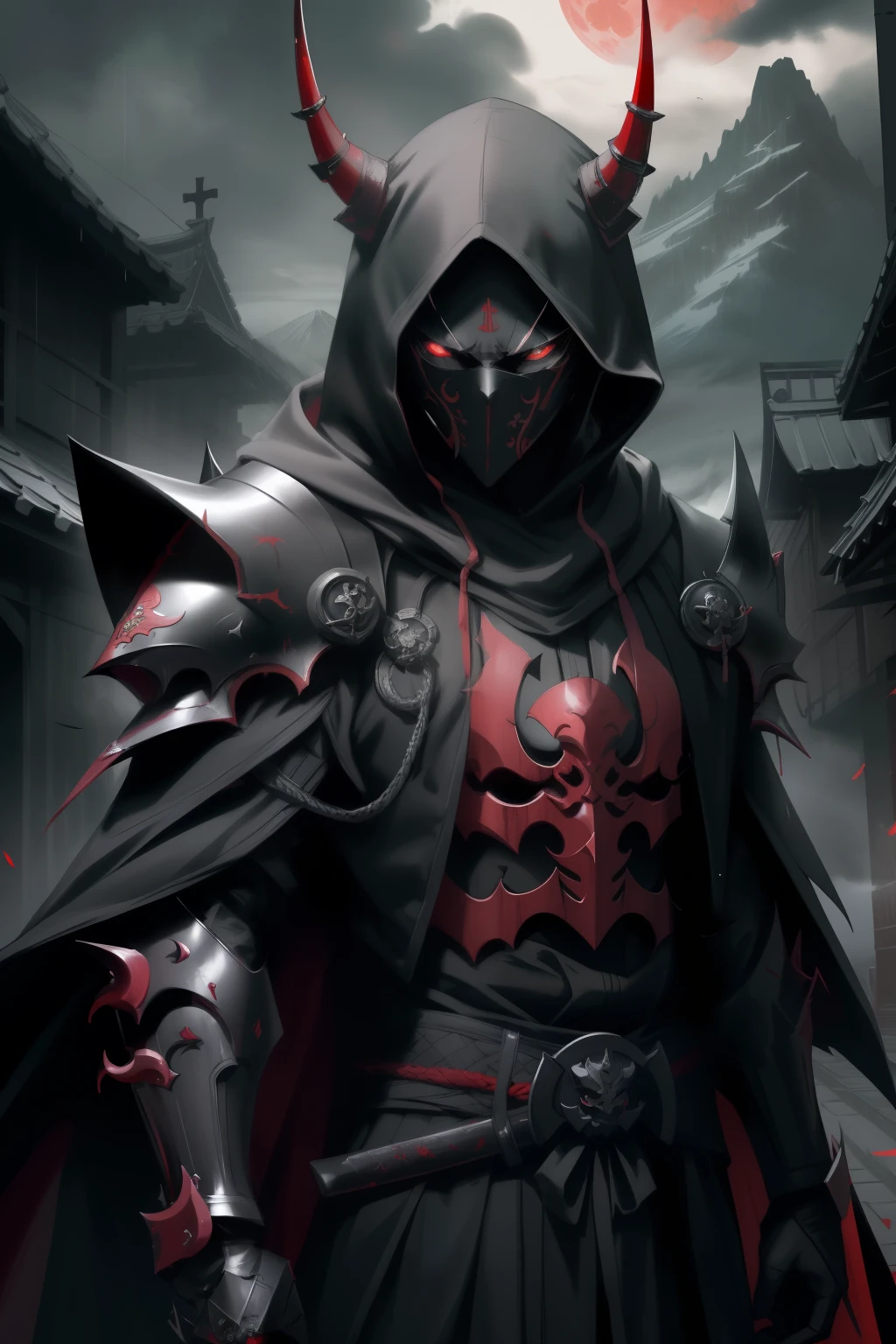 best quality,4k,highres,masterpiece:1.2, ultra-detailed, realistic:1.37, dark art, portraits, eerie atmosphere, mysterious lighting, terrifying presence, menacing armor, grim expression, sinister eyes, two twisted horns, sharp sword, ominous cloak, dark akatsuki clouds, haunting shadows, intense battle scene, dramatic composition, simple hannya oni mask, male assassin ninja, cyberpunk mask, fully hooded, no ears, chest and arms armor, upside down cross, ((very dark eyes)), fully covered face, no hair, standing over mountain, all black clothing, blood red moon, rainy clouds