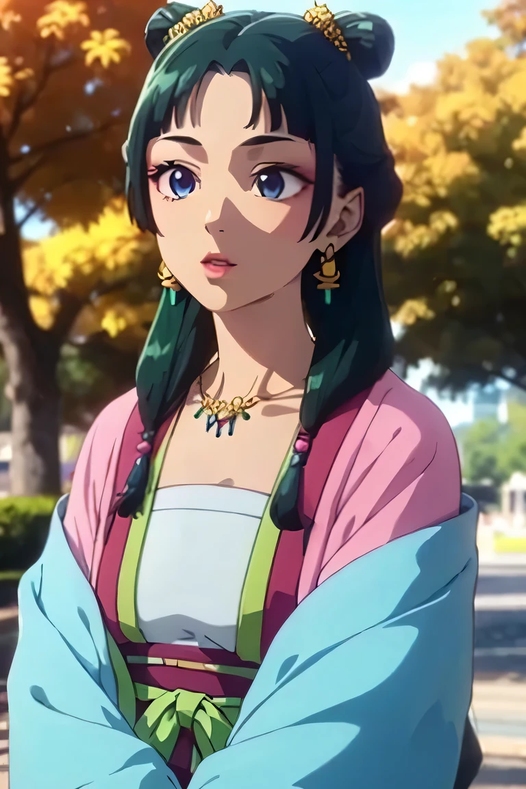 how much,dark green hair,blue eyes,hair ornaments, bun hair, earrings,earrings,gold necklace、red eyeshadow((very realistic shading, masterpiece, very detailed, realistic))