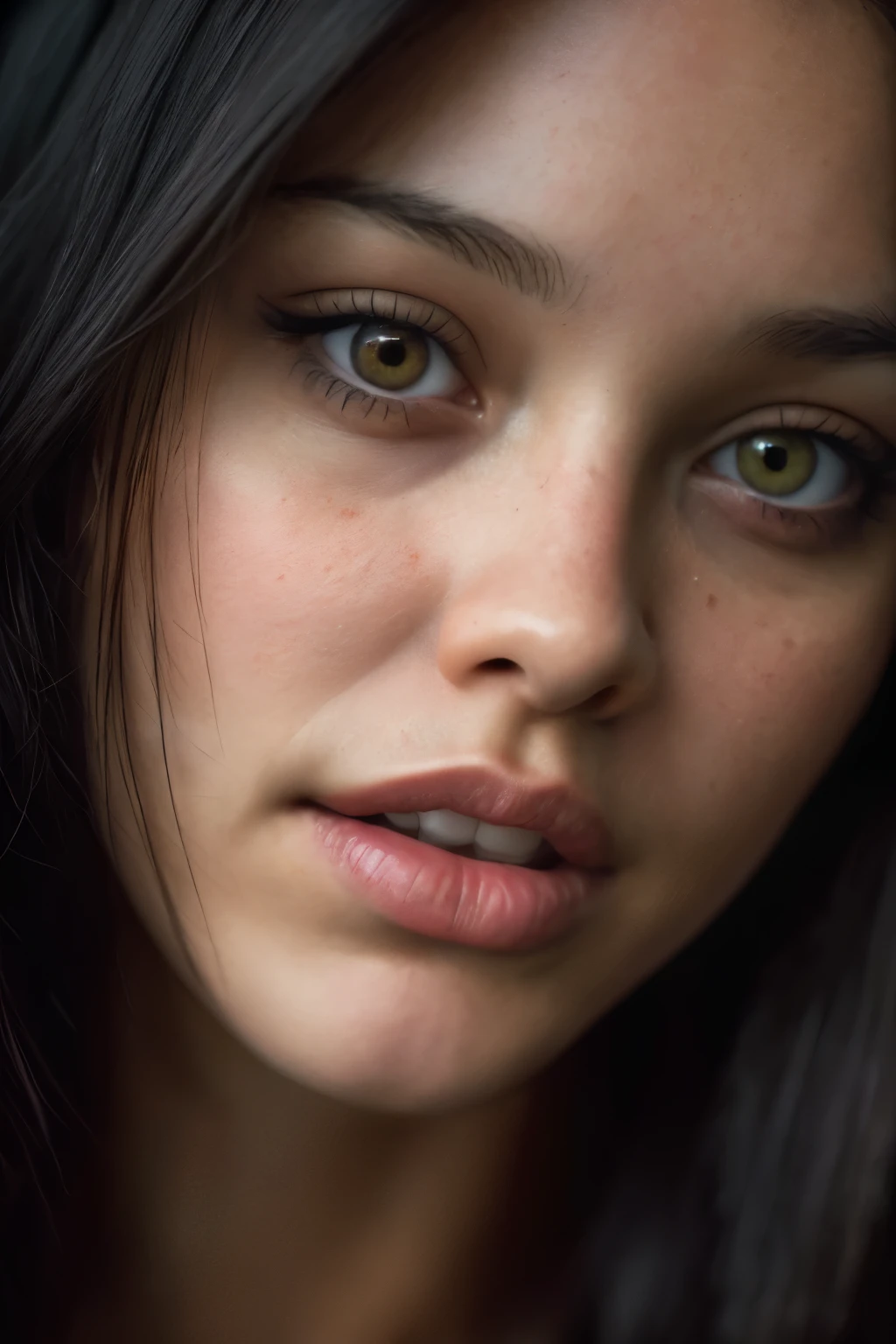(close-up, editorial photograph of a 21 year old woman), (highly detailed face:1.4) (smile:0.7) (background inside dark, moody, private study:1.3) POV, by lee jeffries, nikon d850, film stock photograph ,4 kodak portra 400 ,camera f1.6 lens ,rich colors ,hyper realistic ,lifelike texture, dramatic lighting , cinestill 800,