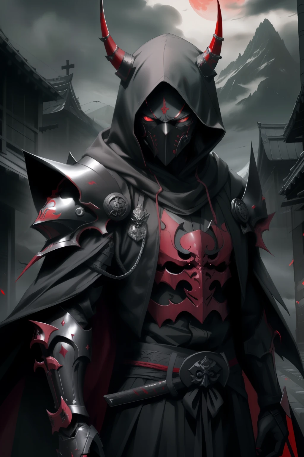 best quality,4k,highres,masterpiece:1.2, ultra-detailed, realistic:1.37, dark art, portraits, eerie atmosphere, mysterious lighting, terrifying presence, menacing armor, grim expression, sinister eyes, two twisted horns, sharp sword, ominous cloak, dark akatsuki clouds, haunting shadows, intense battle scene, dramatic composition, simple hannya oni mask, male assassin ninja, cyberpunk mask, fully hooded, no ears, chest and arms armor, upside down cross, ((very dark eyes)), fully covered face, no hair, standing over mountain, all black clothing, blood red moon, rainy clouds