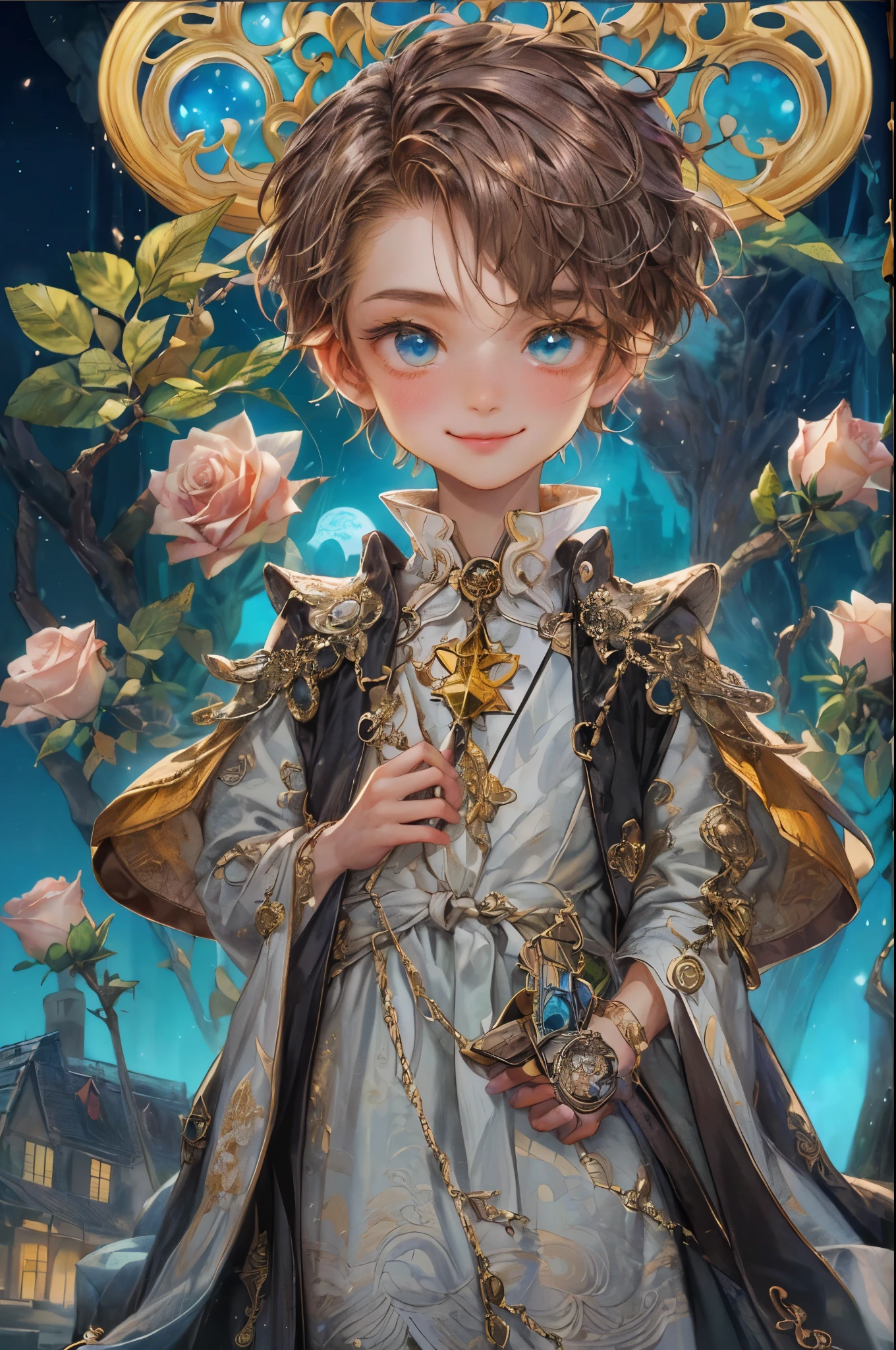 ((absurdres, highres, ultra detailed, perfect face), 1 boy , front view, young boy, handsome boy villain character from sugar sugar rune, short hair, anime eyes, mage clothes with colorful details, eyes on the viewer, add red details to picture and smirk, dimples, extremely detailed CG unity 8k wallpaper, add blue details on side, intricate details and add yellow details on left, rose ornaments, market background, detailed houses town scenery background, tim burton style theme