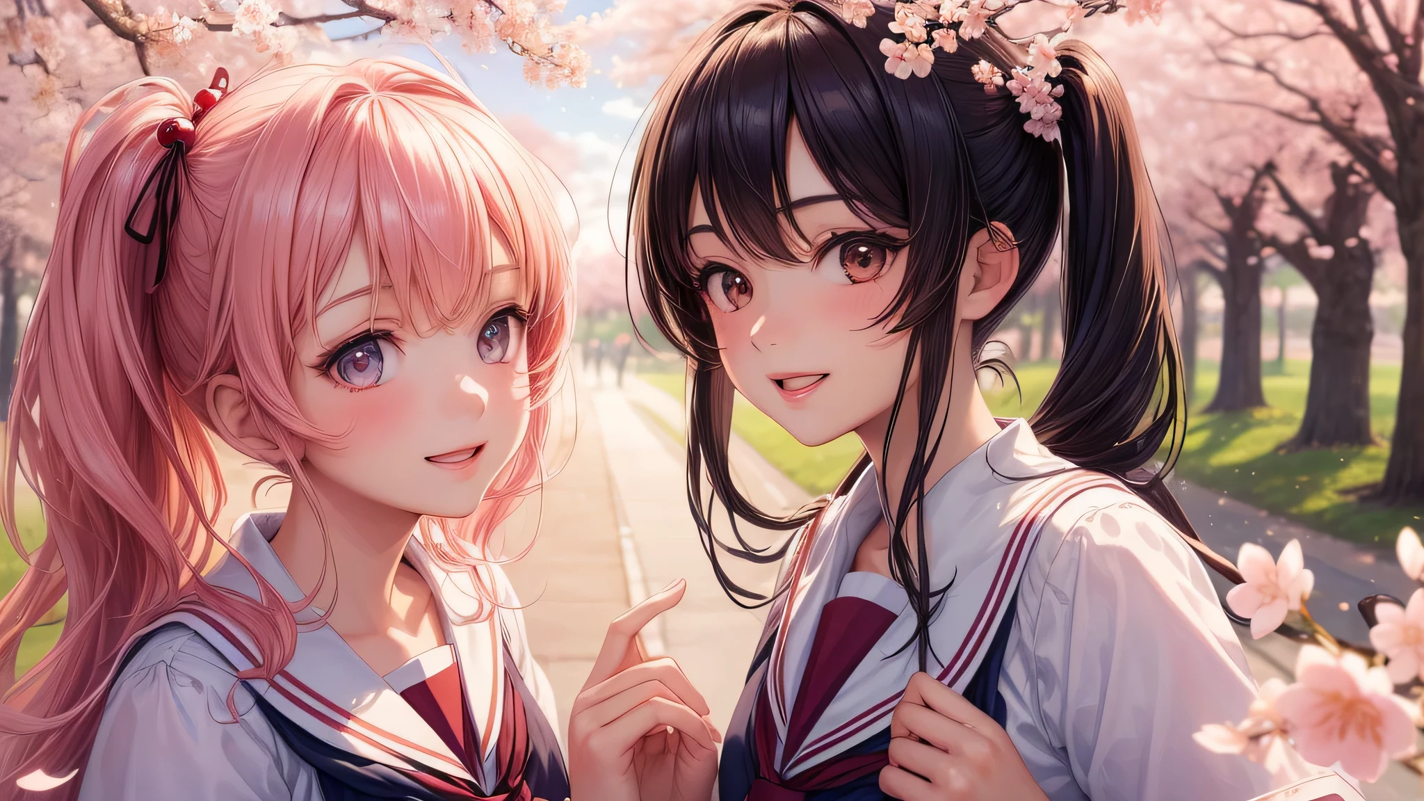 (2 girls:1.2), cute face, shining smile, twin tails, (school uniform, mini skirt:1.2), (highest quality: 1.4), (Super detailed), (highest quality:1.4), (super detailed), (cherry blossomsのトンネル in full bloom, cherry blossomsのトンネル), road, Day光, cherry blossoms, cherry blossoms,  Sunny, cloud, Day,  blue sky, (anime illustration), very high resolution, (Upper body), (close up face)