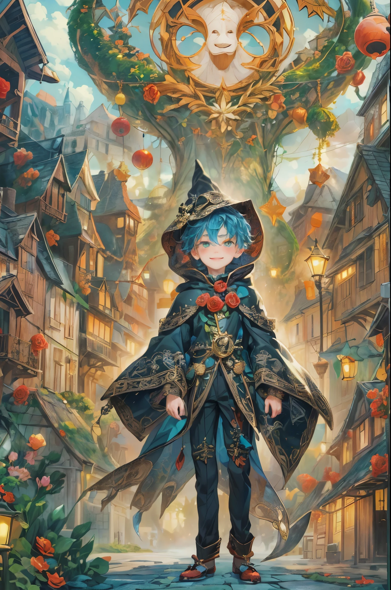 ((absurdres, highres, ultra detailed, perfect face), 1 boy , front view, young boy, handsome boy villain character from sugar sugar rune, short hair, anime eyes, mage clothes with colorful details, eyes on the viewer, add red details to picture and smirk, dimples, extremely detailed CG unity 8k wallpaper, add blue details on side, intricate details and add yellow details on left, rose ornaments, market background, detailed houses town scenery background, tim burton style theme