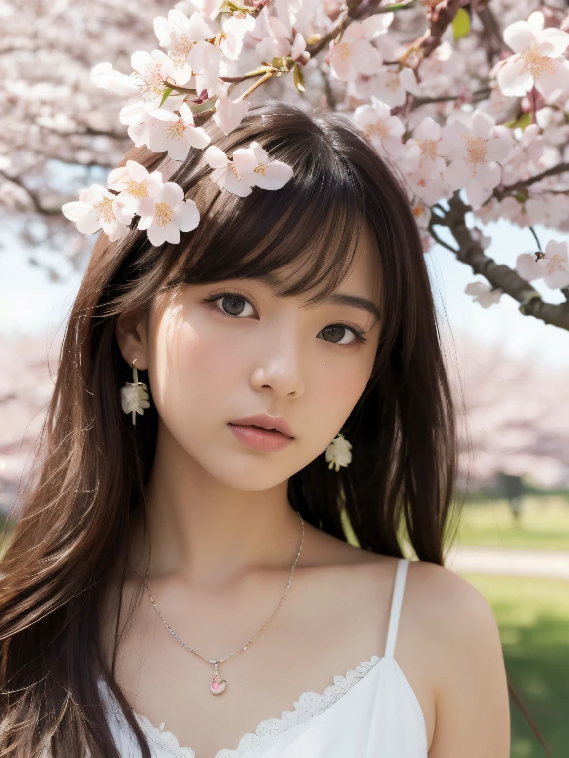"High quality, ultra-detailed (supernatural: 1.4), full-bodied figure, exquisite features, perfect face with flowers, radiant skin, lolita hair accessories, bare shoulders, spring, flowery meadow."