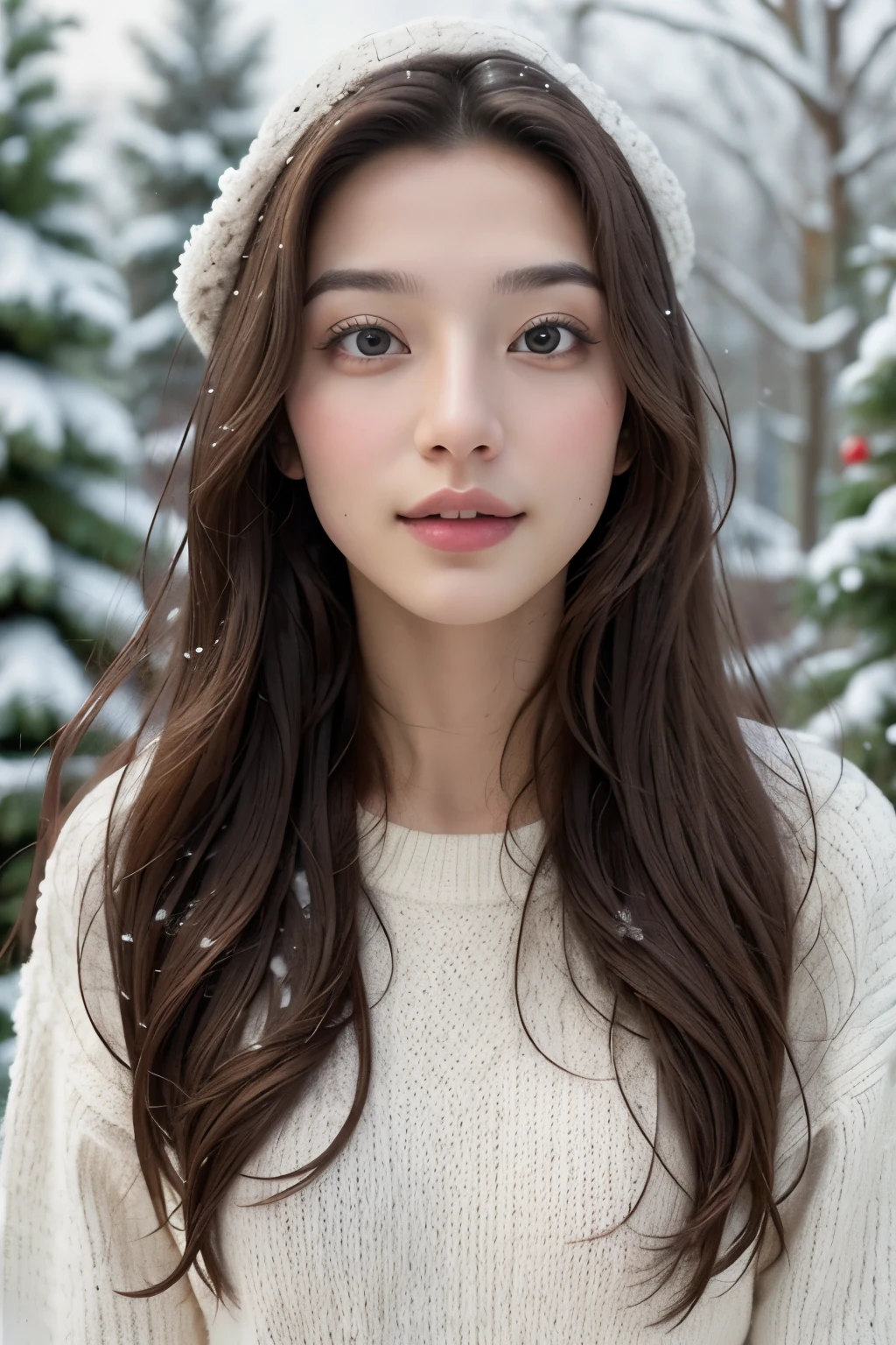 (masterpiece:1.35),(highest quality:1.4),8 thousand,very detailed,photography,(surreal:1.4), Adult Girls, long hair, sweater, snow falling background,
