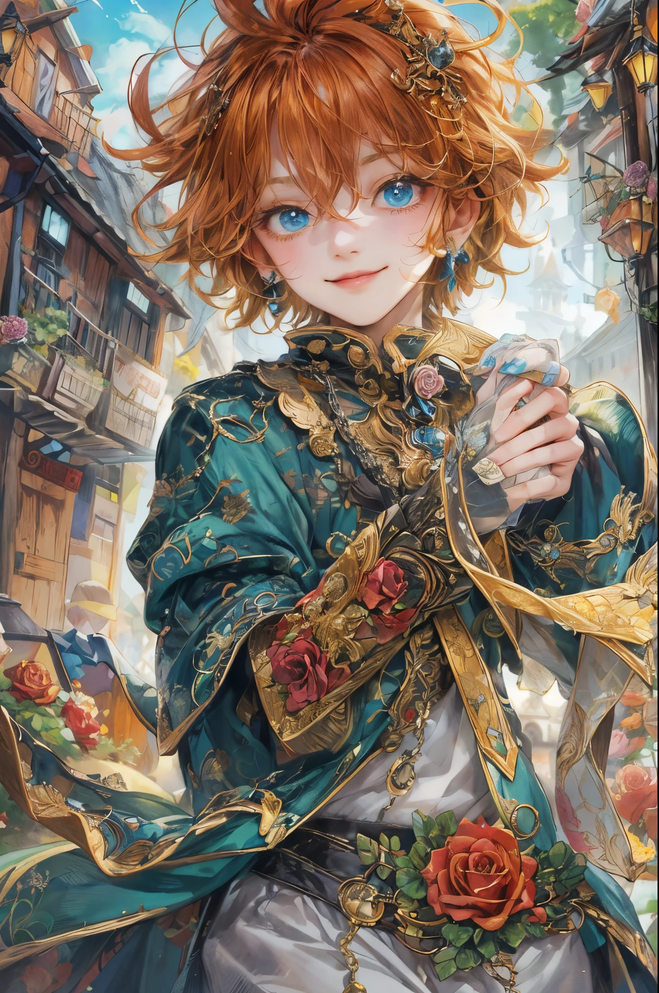 ((absurdres, highres, ultra detailed, perfect face), 1 boy , front view, young boy, handsome boy villain character from sugar sugar rune, short hair, anime eyes, mage clothes with colorful details,  eyes on the viewer, add red details to picture and smirk, dimples, extremely detailed CG unity 8k wallpaper, add blue details on side, intricate details and add yellow details on left, rose ornaments, market background, detailed houses town scenery background, tim burton style theme