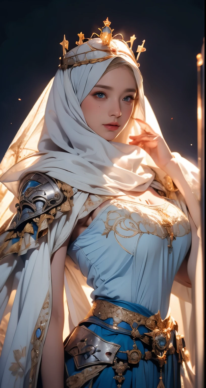 Erect nipples, wearing a hijab , luxury hijab,crown luxury , blue eye, blond hair, around 17 years old, (gold ), tmasterpiece，Best quality at best，A high resolution，8K，((Portrait))，(upper body)，Original photo，real photograph，digital photography，(Female princess in the medieval fantasy style), sexy princess ，blue eye， super colossal breast, round colossal breast ，open kissing lips，Keep your mouth shuegant and charming，((Blushing))，virgin contempt，Calm and handsome，(Medieval fantasy dress，The Beautiful super huge round breast, small waist, perfect colossal breast of princess body, a blue delicate pattern，silver Cloak)，(princes medieval character medieval fantasy style，oc render reflection texture, fighting style,  sexy colossal breast , medieval castle background, slim body, very small waist, 