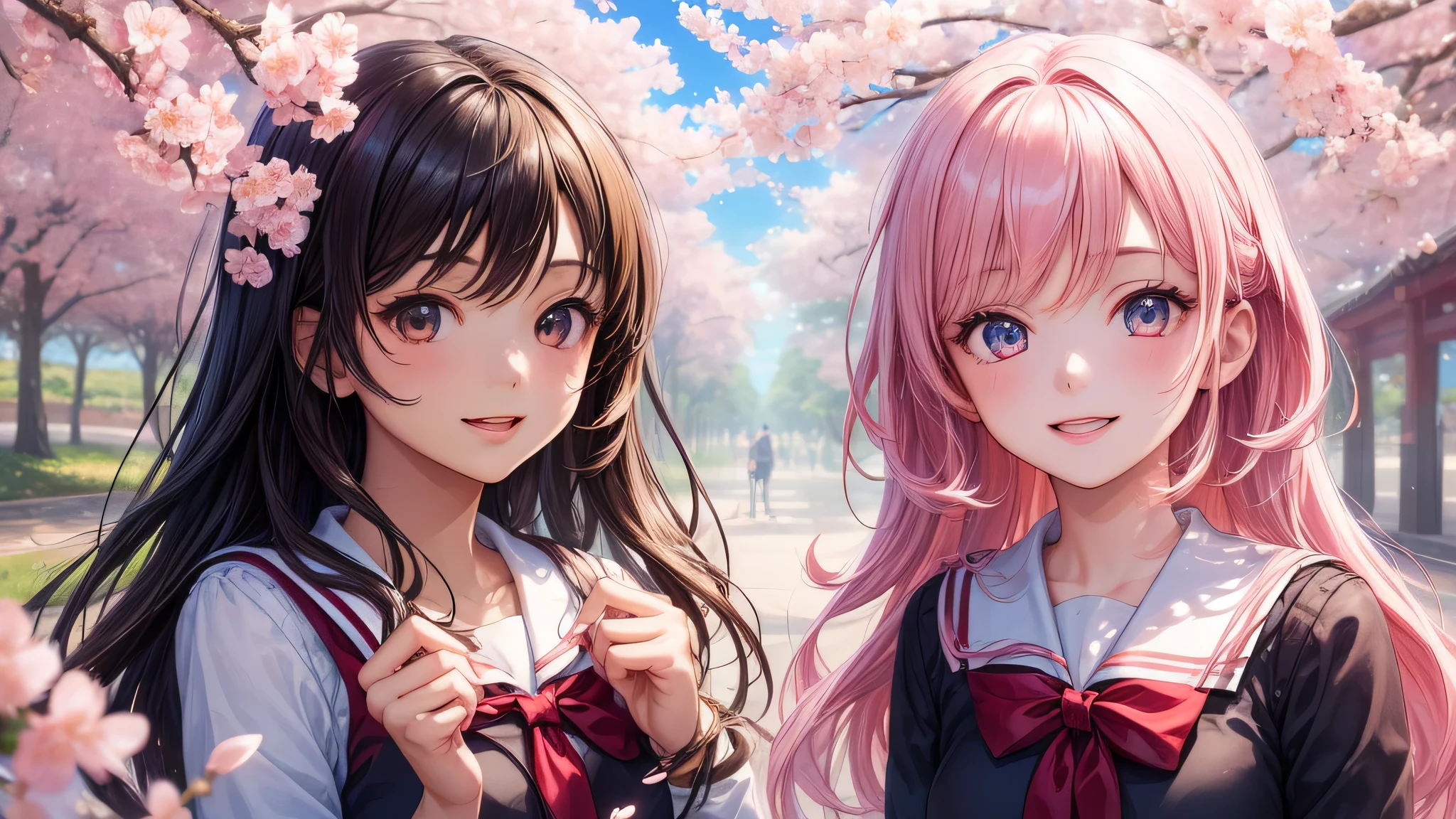 (2 girls:1.2), cute face, shining smile, (school uniform, mini skirt:1.2), (highest quality: 1.4), (Super detailed), (highest quality:1.4), (super detailed), (cherry blossomsのトンネル in full bloom, cherry blossomsのトンネル), road, Day光, cherry blossoms, cherry blossoms, Sunny, cloud, Day, blue sky, (anime illustration), very high resolution, (Upper body), (close up face)