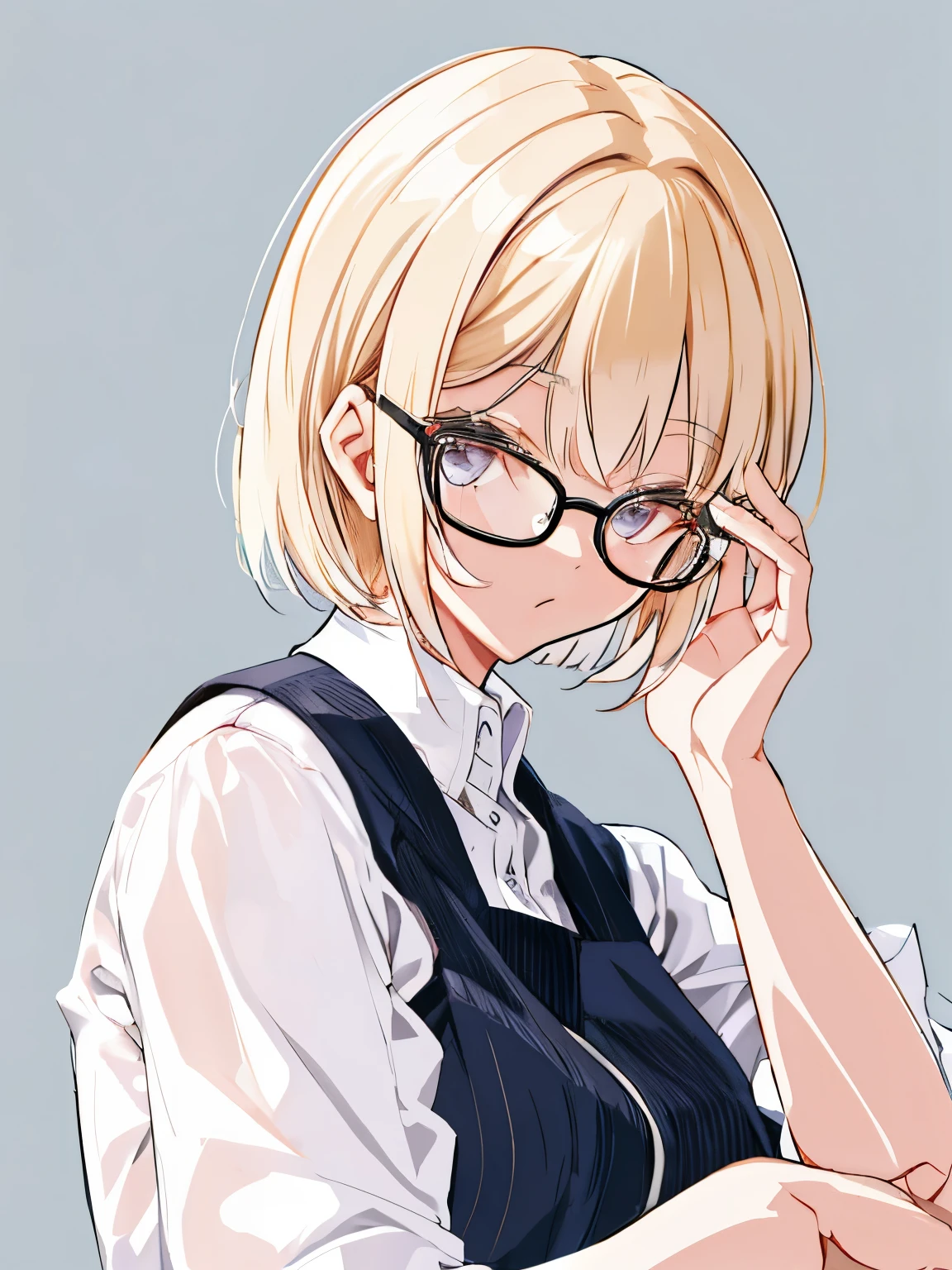 A girl who slides off her glasses with one hand、1 girl、young girl、blonde、short bob、Long bangs on the right side、Upper body、view from above