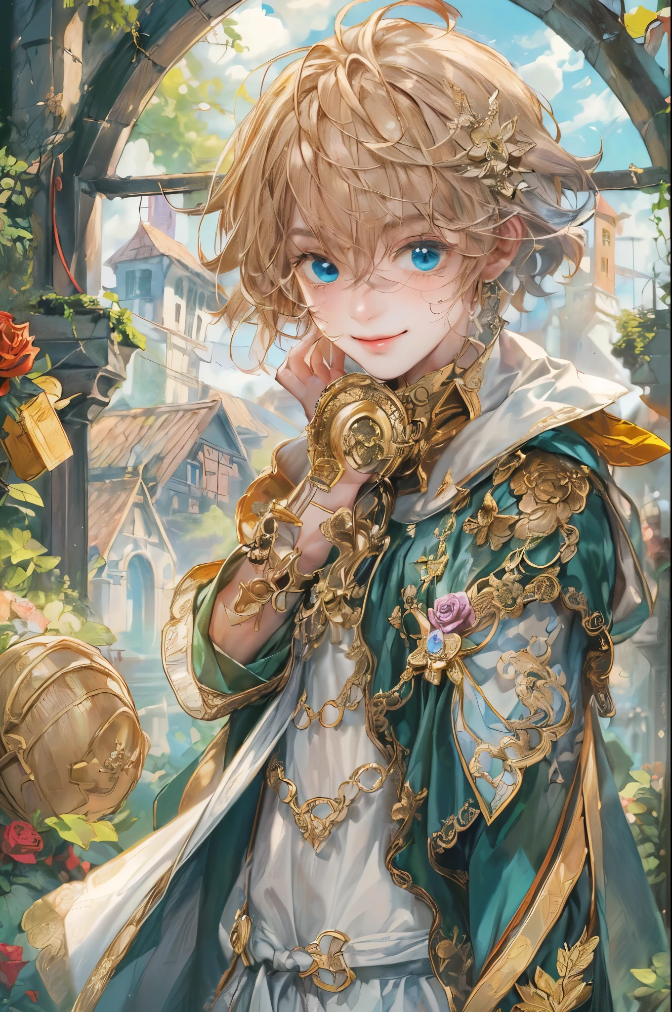 (((absurdres, highres, ultra detailed, perfect face), 1 boy , front view, young boy, handsome boy villain character from magic knight reyearth, short hair, anime eyes, mage clothes with colorful details, eyes on the viewer, add red details to picture and smirk, dimples, extremely detailed CG unity 8k wallpaper, add blue details on side, intricate details and add yellow details on left, bit of rose ornaments, market background, detailed houses town scenery background, tim Burton style theme