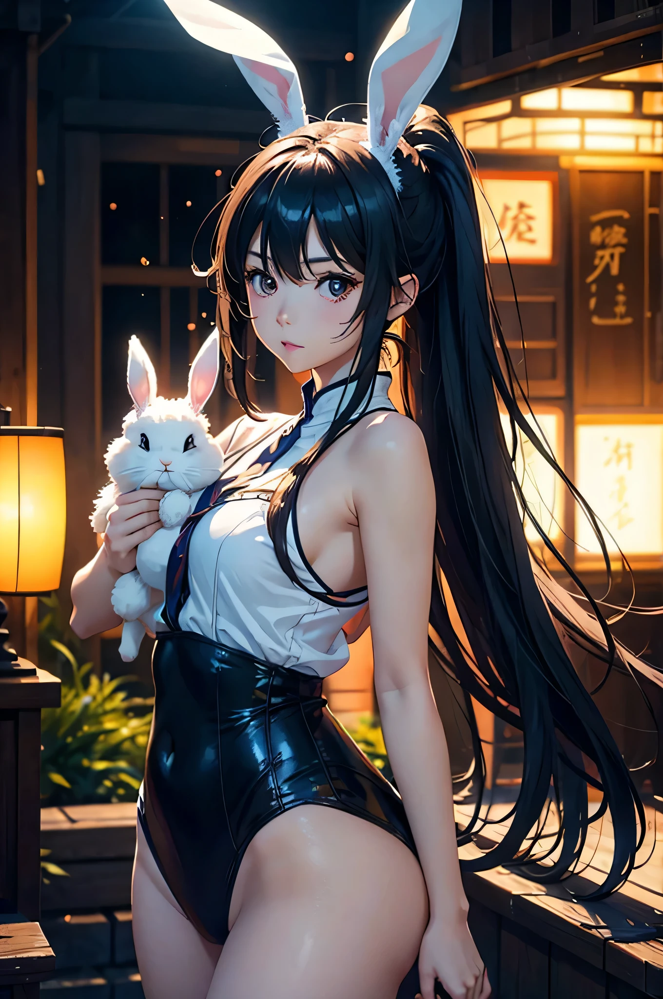 a anime girl with bunny ears holding her bunny, in the style of luminous brushwork, 32k uhd, qian xuan, wlop, cute and dreamy, shiny eyes, multilayered