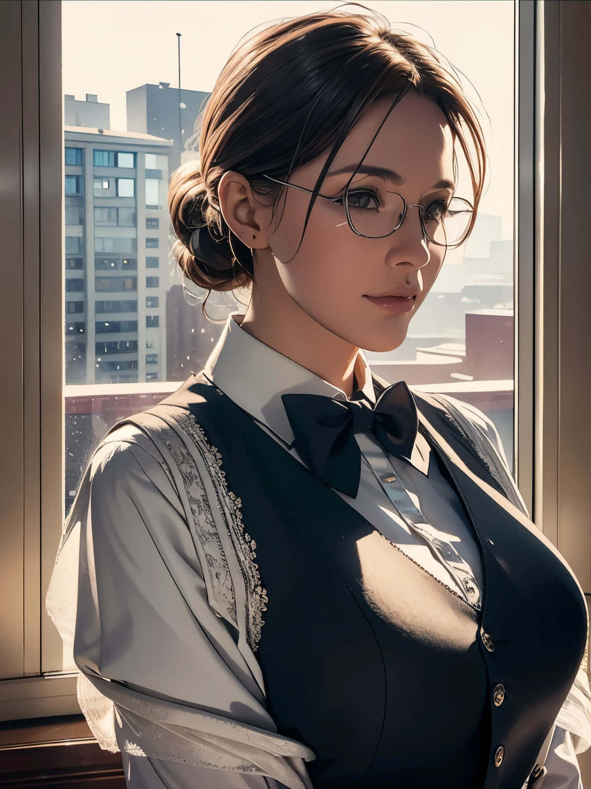 1 girl, mature woman, vest, bow, photograph, very detailed, surreal, 3D, octane rendering, realistic, highest quality, hire, detailed face, office, building from the window, detailed background, diffused sunlight, Depth of the bounds written, Bokeh