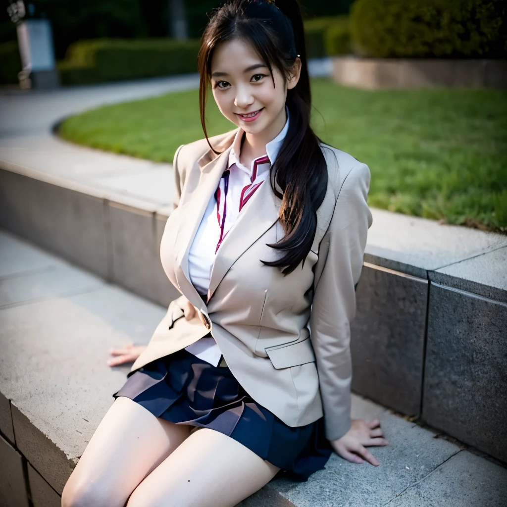 wear Japanese school uniform,wear a blazer、wear a pleated skirt、show panties、 ponytail, japanese girl, 8K, huge breasts, highest quality, masterpiece, realistic, Photorealistic super detail, one girl, cute, best smile, beautiful eyes, long hair, perfect face,full body shot