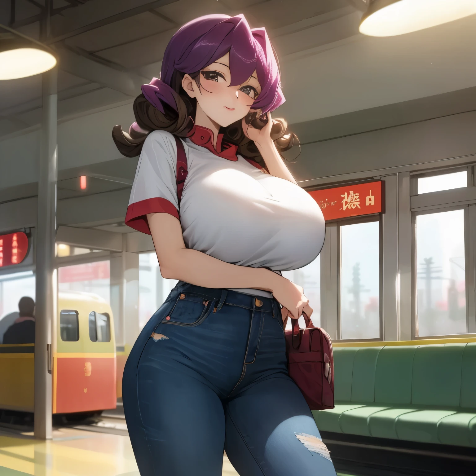 （masterpiece、Super exquisite、high resolution），（tarot cards、Yu-Gi-Oh cards），（romantic、Innocent、𝓡𝓸𝓶𝓪𝓷𝓽𝓲𝓬、adventure、Bold、Travel Elements），1 woman waiting for the train，jeans，short sleeves, Long curly hair, lace，背景TRAIN STATION,Waiting hall，（TRAIN STATION：1.5、、sunset西下、sunset、Residual Yang、Waiting hall：1.5）