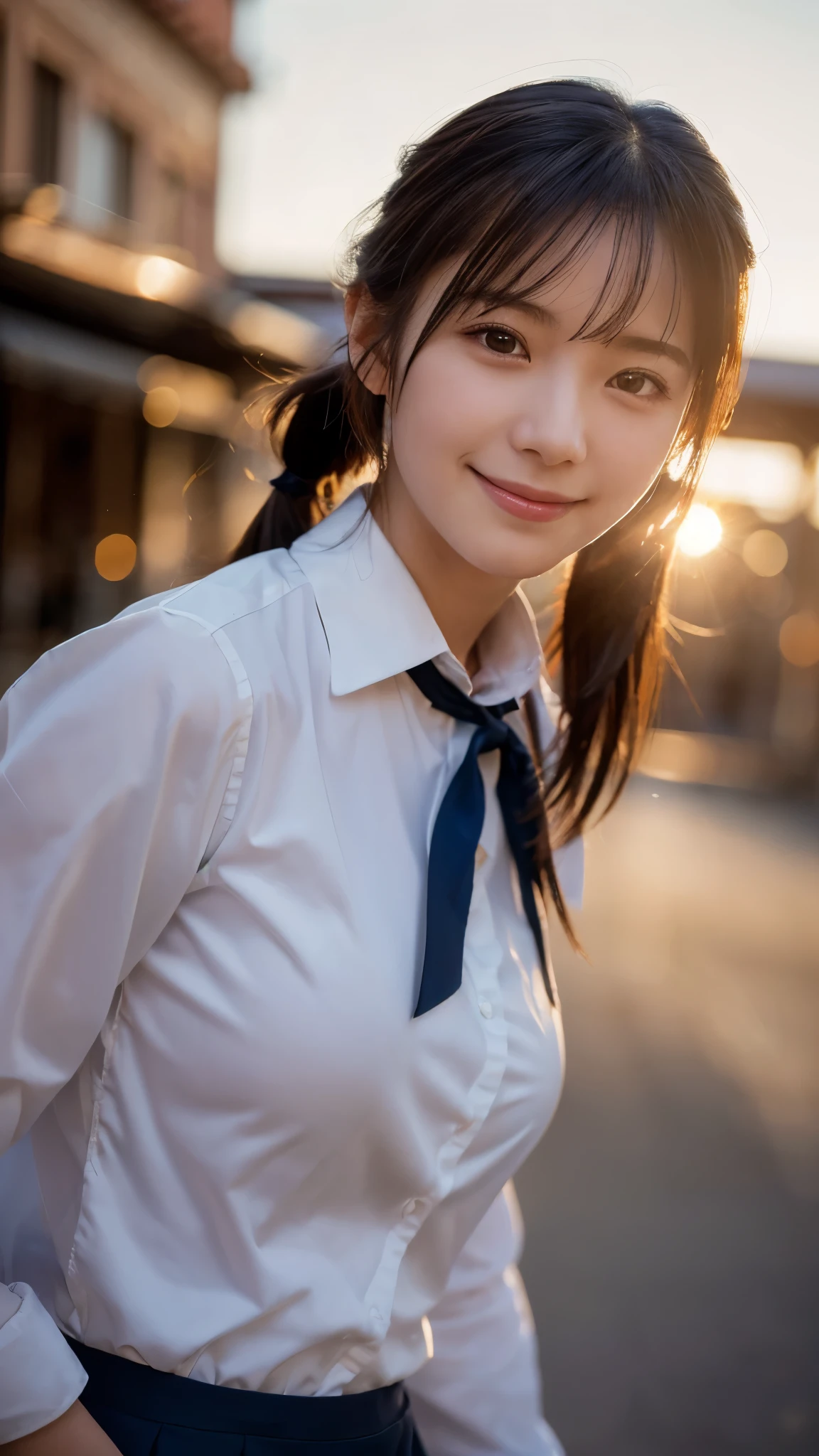 (highest quality,masterpiece:1.3,ultra high resolution),(Super detailed,caustics,8k),(photorealistic:1.4,RAW shooting),1 girl,(smile and look down at the camera),(front shot:1.1),(face forward),18-year-old,cute,Japanese,black short ponytail,school uniform,glamorous,(big boobs),( close up),(breast focus),street,sunshine,Natural light,(Backlight),(A bright light shines from behind),(Lens flare),professional writing,(cowboy shot),(low position:1.3),(Low - Angle:1.3)