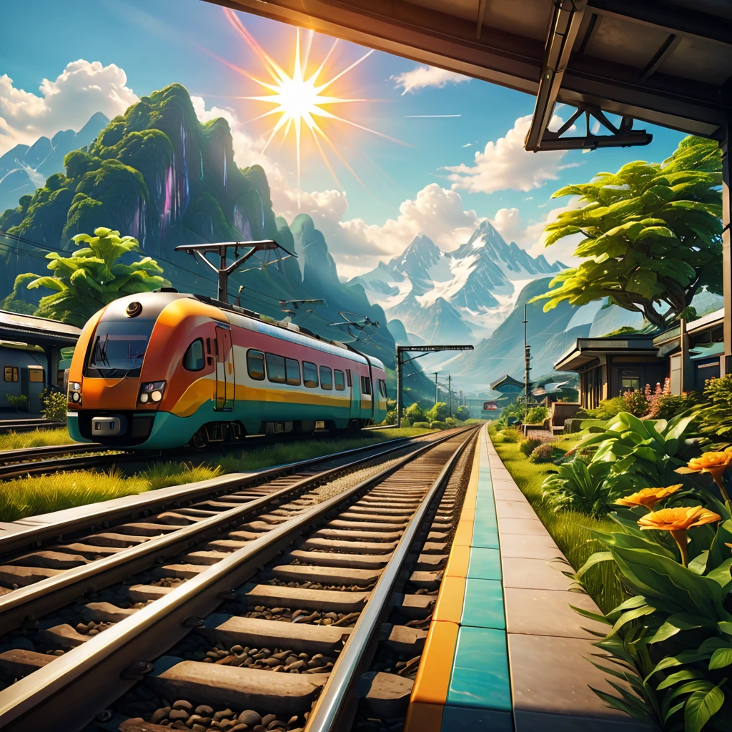 train station scene，A train stops quietly on the tracks，Surrounded by tranquil fields and distant mountains。Warm colors in the picture，The sun shines through the clouds on the train and the platform，It creates a peaceful and comfortable atmosphere。Please emphasize the details and texture of the train in the picture，And the architectural style and feel of the train station。No one appears，Let the picture pay more attention to the expression of nature and environment。，3D rendering miniature scene design，miniature diorama，Transparent material，Pipe conveying materials，rich and colorful，futuristic，Graphic design inspiration illustration，emerging rendering，mixer，Unreal Engine，HDR, HD，best quality