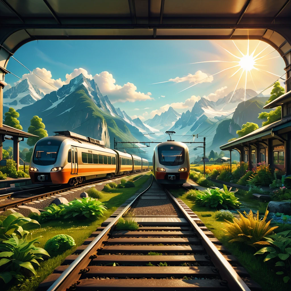 train station scene,A train stops quietly on the tracks,Surrounded by tranquil fields and distant mountains。Warm colors in the picture,The sun shines through the clouds on the train and the platform,It creates a peaceful and comfortable atmosphere。Please emphasize the details and texture of the train in the picture,And the architectural style and feel of the train station。No one appears,Let the picture pay more attention to the expression of nature and environment。,3D rendering miniature scene design,miniature diorama,Transparent material,Pipe conveying materials,rich and colorful,futuristic,Graphic design inspiration illustration,emerging rendering,mixer,Unreal Engine,HDR, HD,best quality