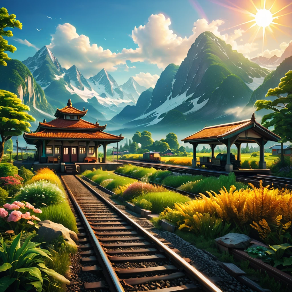 train station scene，A train stops quietly on the tracks，Surrounded by tranquil fields and distant mountains。Warm colors in the picture，The sun shines through the clouds on the train and the platform，It creates a peaceful and comfortable atmosphere。Please emphasize the details and texture of the train in the picture，And the architectural style and feel of the train station。No one appears，Let the picture pay more attention to the expression of nature and environment。，3D rendering miniature scene design，miniature diorama，Transparent material，Pipe conveying materials，rich and colorful，futuristic，Graphic design inspiration illustration，emerging rendering，mixer，Unreal Engine，HDR, HD，best quality