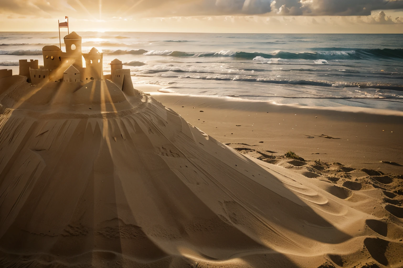 Sandcastles reflecting sunlight during the day.