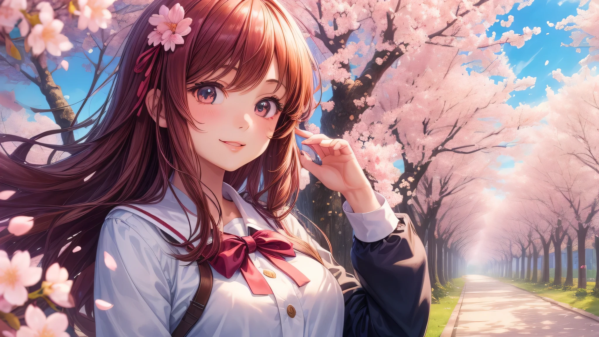 (1 girl), cute face, shining smile, (school uniform, mini skirt:1.2), (highest quality: 1.4), (Super detailed), (highest quality:1.4), (super detailed), (cherry blossomsのトンネル in full bloom, cherry blossomsのトンネル), road, Day光, cherry blossoms, cherry blossoms, Sunny, cloud, Day, blue sky, (anime illustration), very high resolution, (Upper body), (close up face)