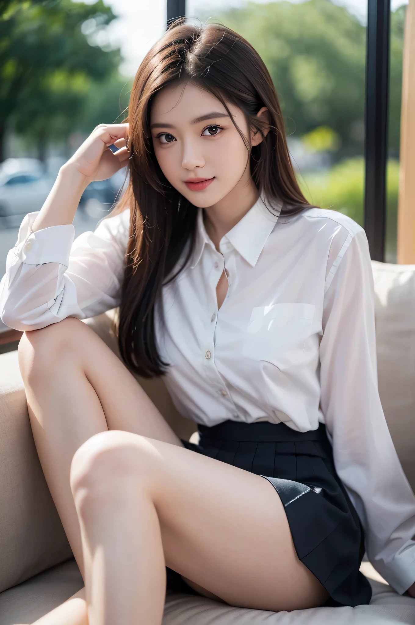 （Girl sitting on bench and crossing legs）ulzzang -6500-v1.1、(Raw foto:1.2)、(Photorealsitic:1.4)、a beautiful detailed girl、extremely detailed eye and face、beatiful detailed eyes、a smile、huge filesize、ultra-detailliert、hight resolution、ighly detailed、top-quality、​masterpiece、((Translucent blouse、Black Tight Scar Clothing))、illustratio、ighly detailed、nffsw、unification、8k wallpaper、astonishing、finely detail、​masterpiece、top-quality、Highly detailed ticker uniform 8k wallpaper、 Light on the Face、电影灯光、1girl in、sixteen years old、Long grey hair、side split、(Beautiful breasts)、(witheout panties))、(eye glasses)、((dynamicposes)))、((sexypose)))、(camel's toe)、(half)、(panthyhose)、((Black hip skirt))