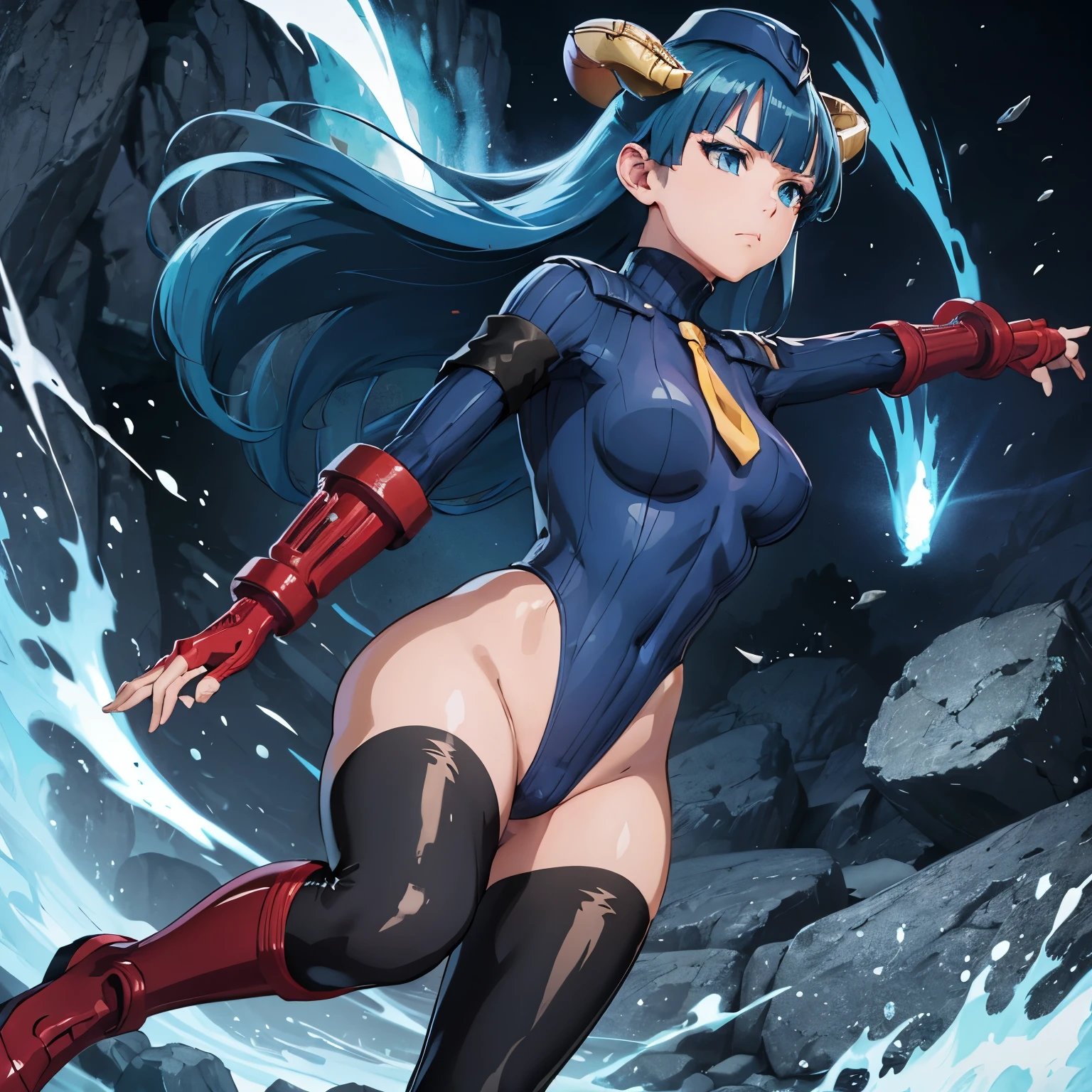 ultra-detailed, Explicit, Beautiful body, Beautiful Nose, Beautiful character design, perfect eyes, perfect face, ultra highres, 4K, beautiful legs, perfect legs, Nice hands, Perfect hand, Masterpiece, Best Quality, Highly detailed, illustration, absurdres, perfect anatomy, street fighter, doll suit, shadaloo doll, dollsuit, expressionless, blank eyes, looking at viewer, red gloves, emotionless, black latex, corrution, mind control, female combatant, full body, hypnotized, unhappy trance, full body suit, ribbed bodysuit, both arms at side, obey, perfect female body, extremely glossy latex, hypnosis, hypnoLora, empty eyes, Mind control device, poses, submissive_pose, Slave, standing straight, standing, standing at attention, hat, necktie, belt, latex, ribbed bodysuit, thighhighs, garter belt, Fighting Stance, extending the right arm from the shoulder into the air with a straightened hand, military, thigh boots, hair ornaments, blue hair, long hair, blue eyes, (((pixel-perfect, detail-perfect))), solo, 1girl, blunt bangs, horns, Saphir Maasa, Kekkon Yubiwa Monogatari,