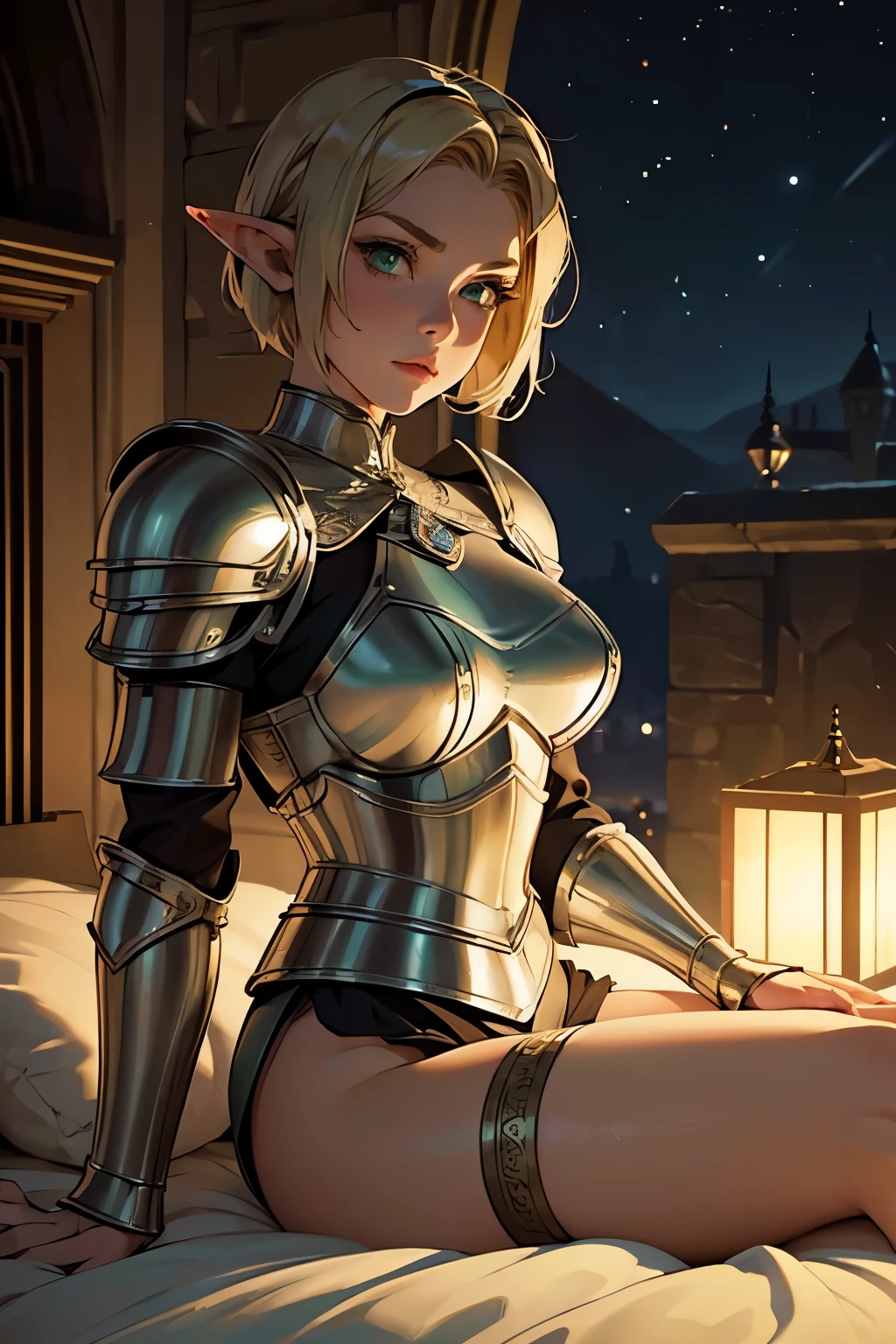 (1Girl, Elf, Short blonde hair, frenckles, beautiful, curvy, green eyes), (in a vintage bed, posing, (wearing medieval silver armor), (at night, ((dim light))))