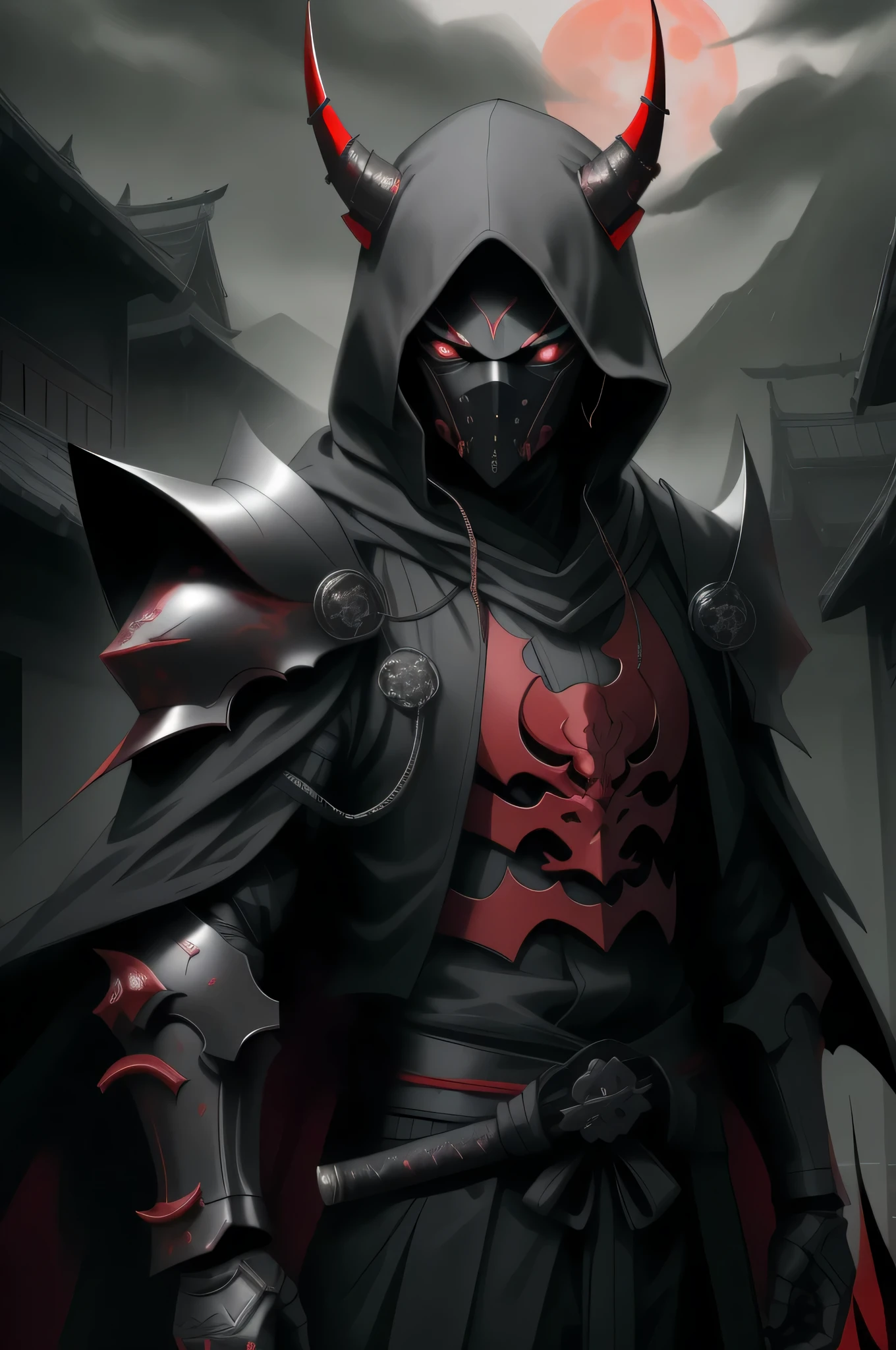 best quality,4k,highres,masterpiece:1.2, ultra-detailed, realistic:1.37, dark art, portraits, eerie atmosphere, mysterious lighting, terrifying presence, menacing armor, grim expression, sinister eyes, two twisted horns, sharp sword, ominous cloak, dark akatsuki clouds, haunting shadows, intense battle scene, dramatic composition, simple hannya oni mask, male assassin ninja, cyberpunk mask, fully hooded, no ears, chest and arms armor, upside down cross, ((very dark eyes)), fully covered face, no hair, standing over mountain, all black clothing, blood red moon, rainy clouds, katana sword