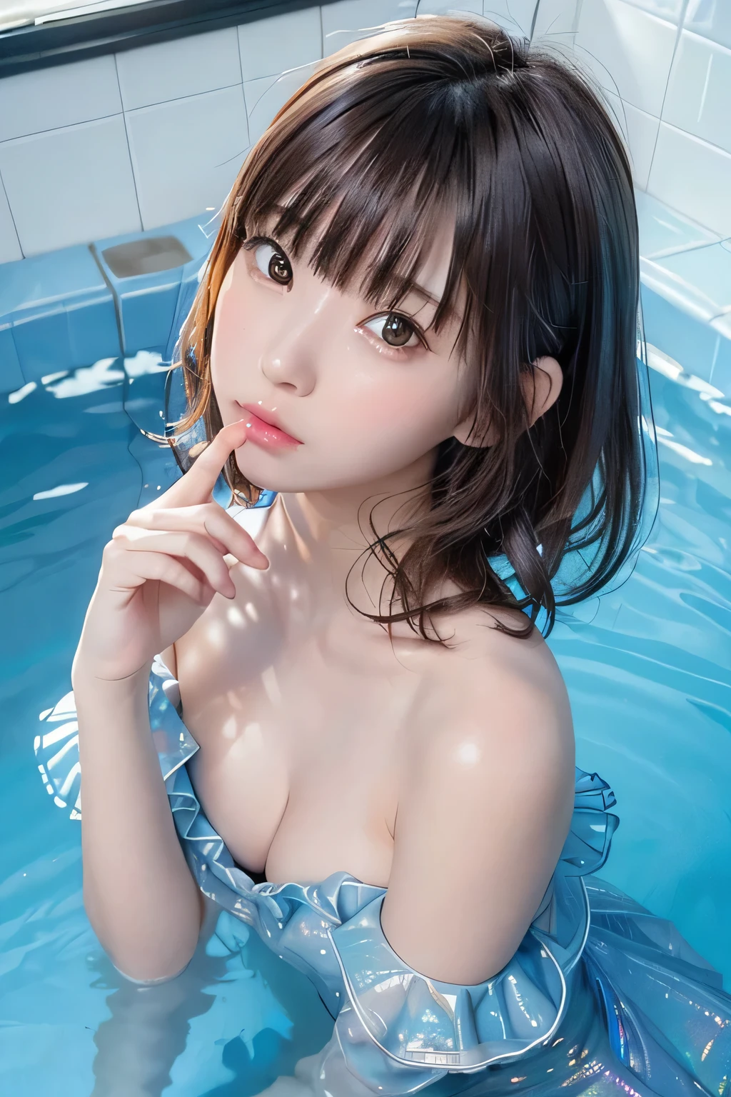 (8k、masterpiece, highest quality, High resolution,super resolution,Super detailed)、 1 girl、 alone、(extreme close up:1.3)、round face、slim、(flat body)、cute、(underwater)、(holographic ruffle clothes:1.3)、jellyfish girl、close your mouth、 (put your finger on your lips:1.1)、show your shoulders