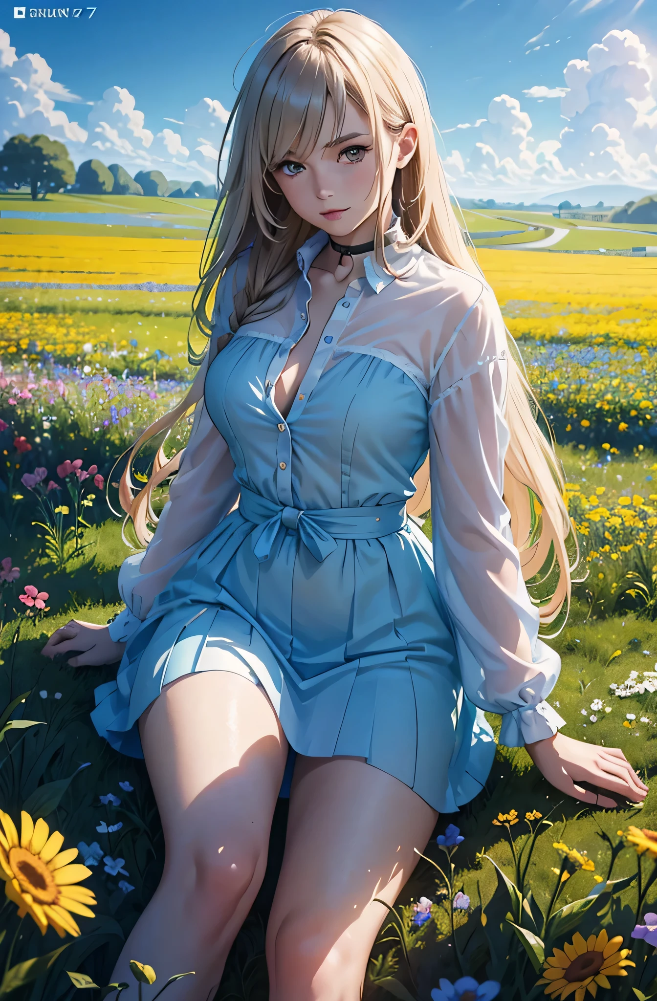 **an image of a girl in the field in the background, in the style of vibrant comics, realistic hyper-detailed portraits, delicate flowers, realistic blue skies, cartoonish characters, shiny/glossy, close up --ar 2:3 --v 6.0 --style raw --s 750** - (relaxed)