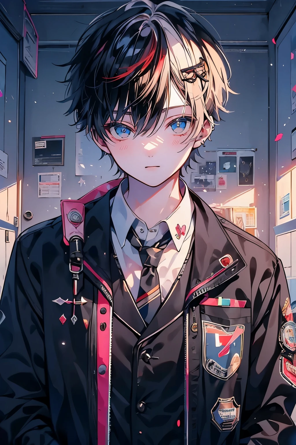 (muste piece), (best quality), very detailed, (((Two friendly high school boys:1.5))), perfect face, beautiful face, very detailed face，(white haired man:1.3)，(black haired man:1.3)，School，classroom，student uniform，tie，shirt