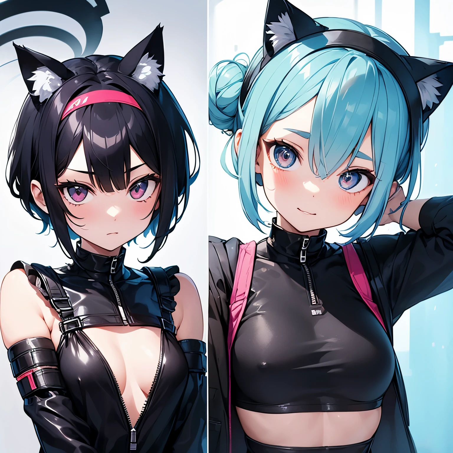 (masterpiece), best quality, expressive eyes, perfect face, cute short haired anime girl, head band very long, head band covers fringe, head band going around the head and ties at two sides, hair tied into cat ear shape, hair bun, cyberpunk, futuristic, sci fi, zaion lanza, fullbody, cute, front view, illustration, character design