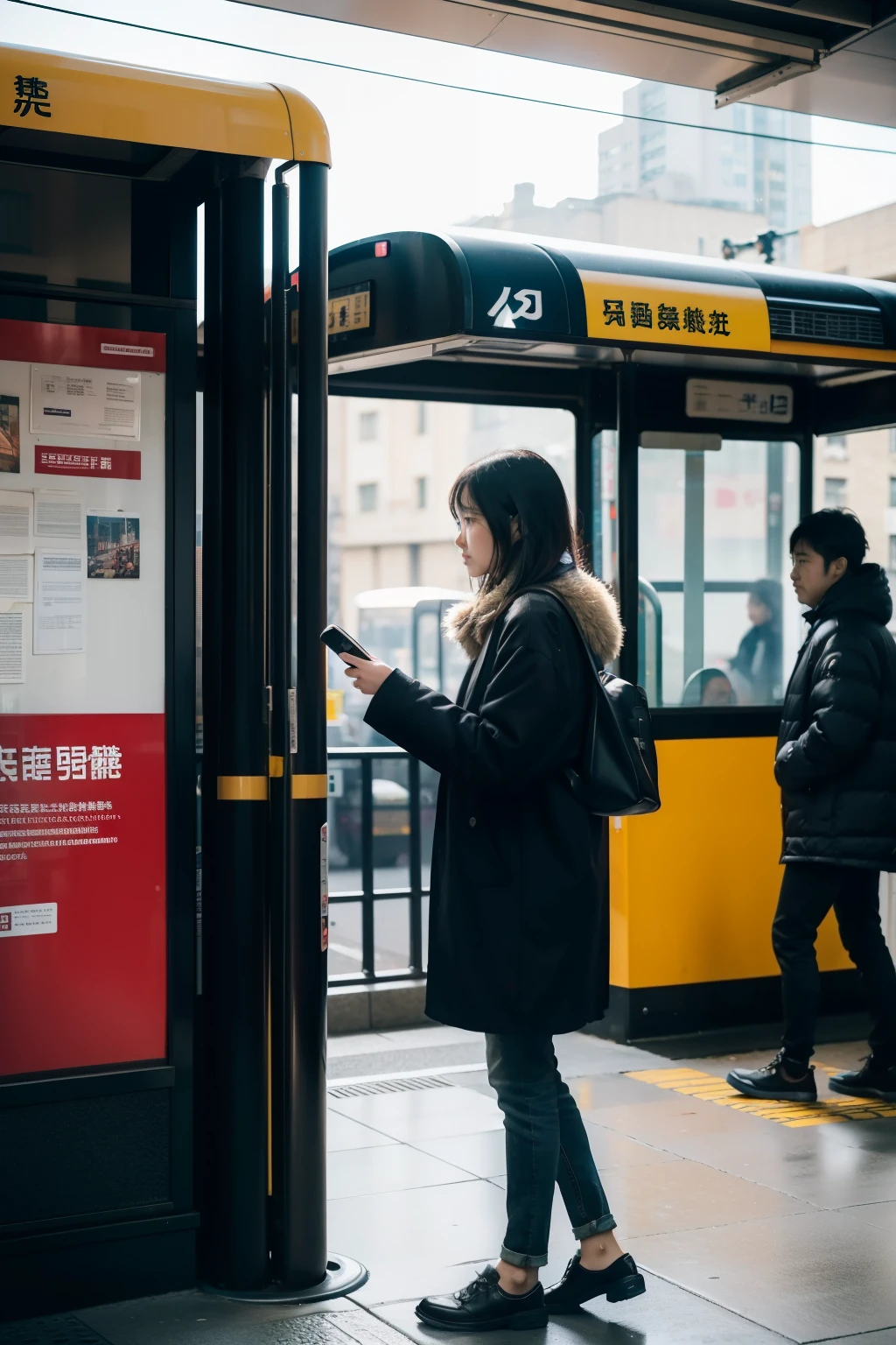 bus stop一角, people waiting in bus stop, Public bus, bus stop, cyberpunk bus stop,on city streets, street photography, powerful photos, bus station, Real photos of the streets, photo