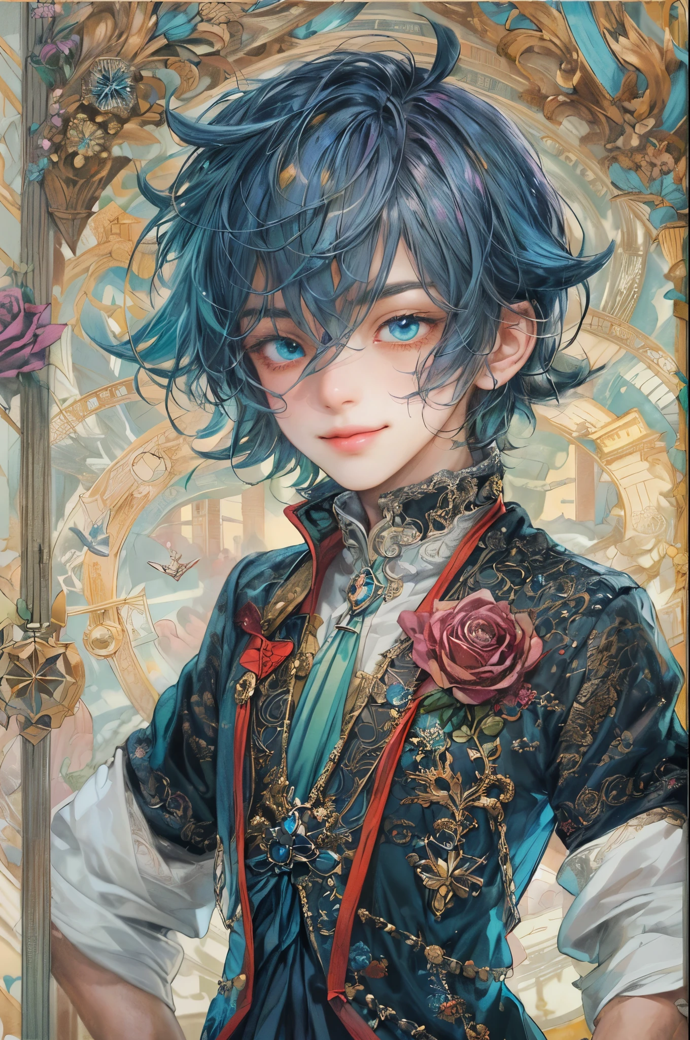 ((absurdres, highres, ultra detailed, perfect face), 1 boy , front view, young boy, handsome boy villain character from sugar sugar rune, short hair, anime eyes, mage clothes with colorful details, eyes on the viewer, add red details to picture and smirk, dimples, extremely detailed CG unity 8k wallpaper, add blue details on side, intricate details and add yellow details on left, rose ornaments, market background, detailed houses town scenery background, tim burton style theme