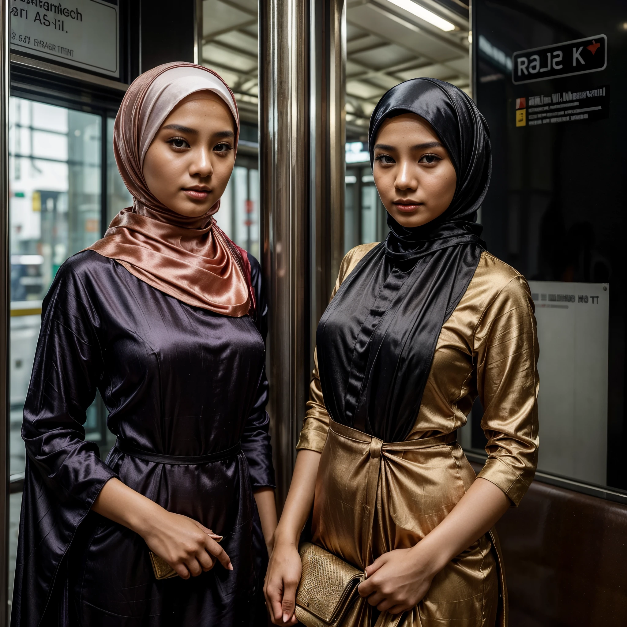 (A lovely young Malaysian woman, age 19, hijab no hair showing, rich conservative outfit with a lot of silk), waits in a luxurious Train Station