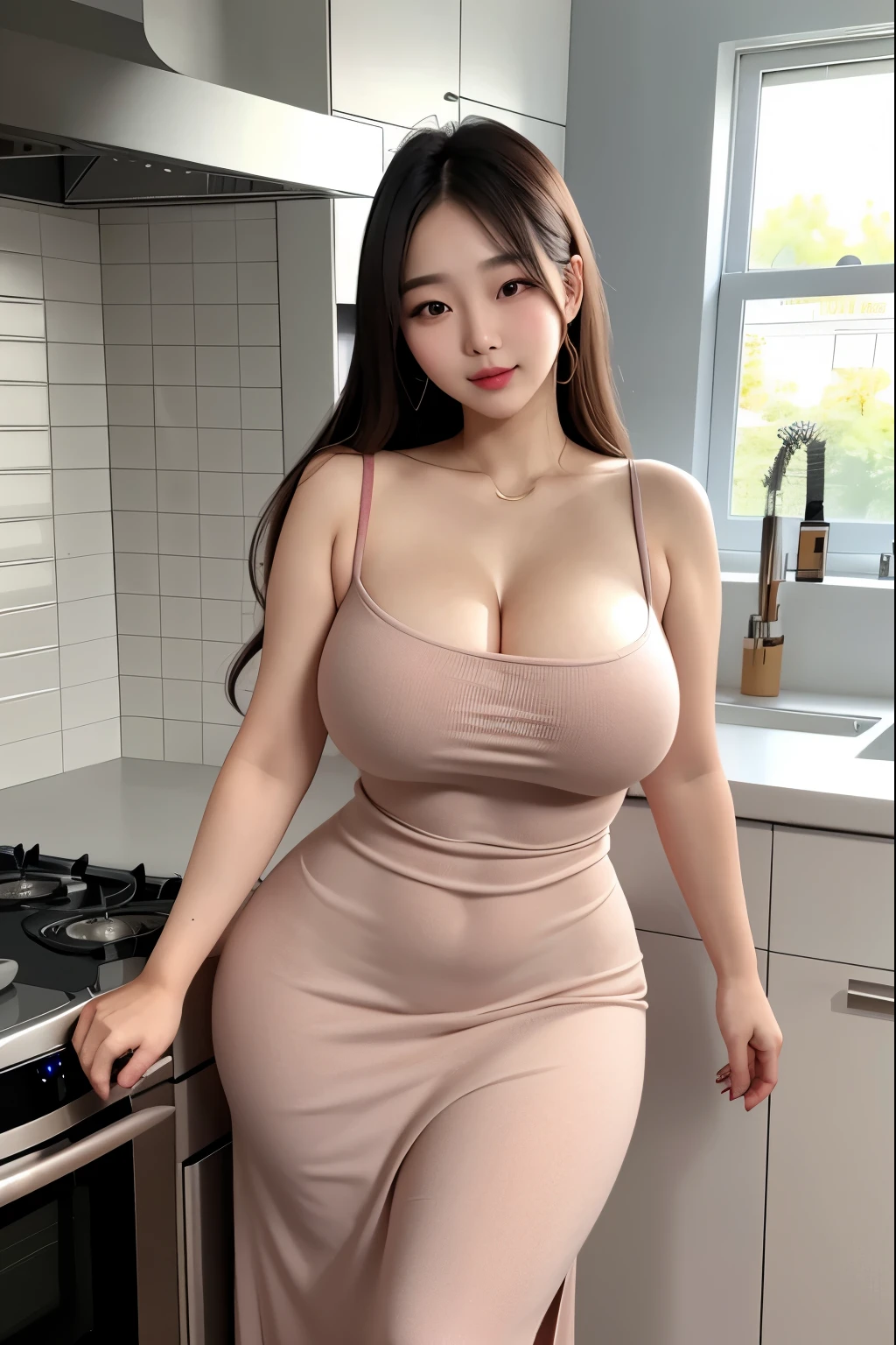 Beautiful, 1girl, korean, voluptuous, maxi knit dress, In the kitchen, seductive expression,