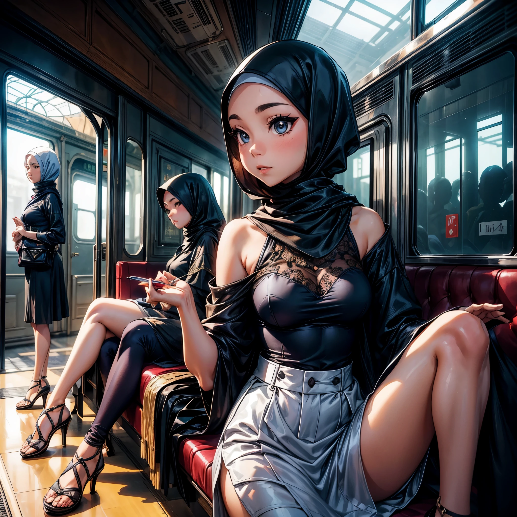 (A lovely young Malaysian woman, age 19, hijab no hair showing, rich conservative outfit with a lot of silk), waits in a luxurious Train Station