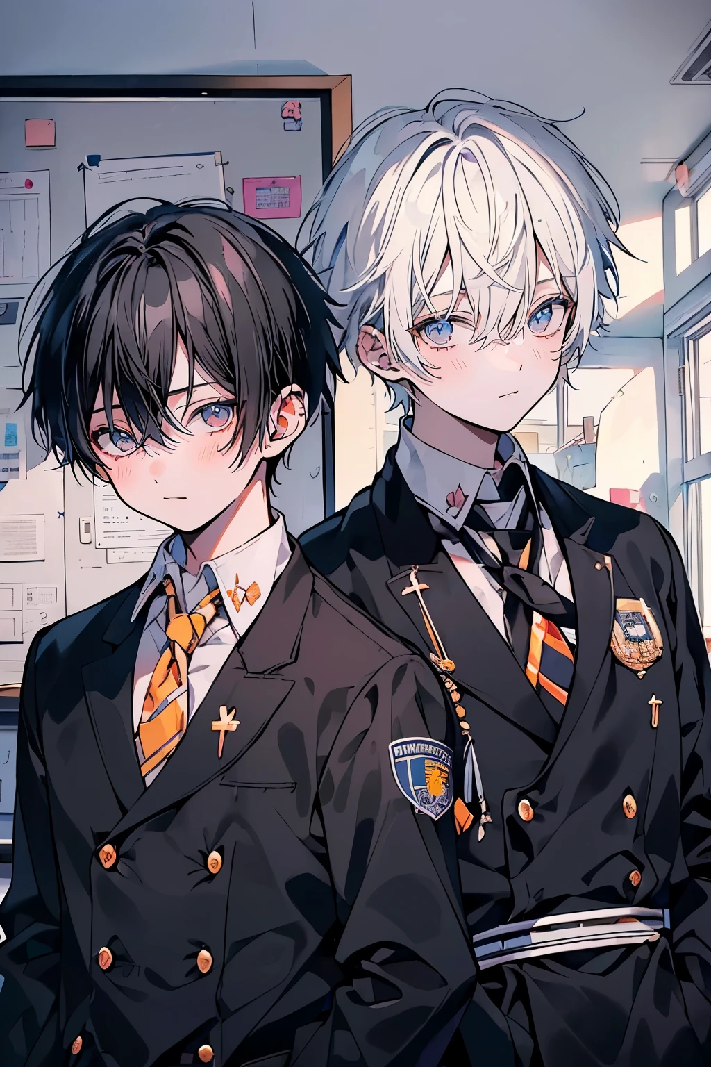 (muste piece), (best quality), very detailed, (((Two friendly high school boys:1.5))), perfect face, beautiful face, very detailed face，(white haired man:1.3)，(black haired man:1.3)，School，classroom，student uniform，tie，shirt