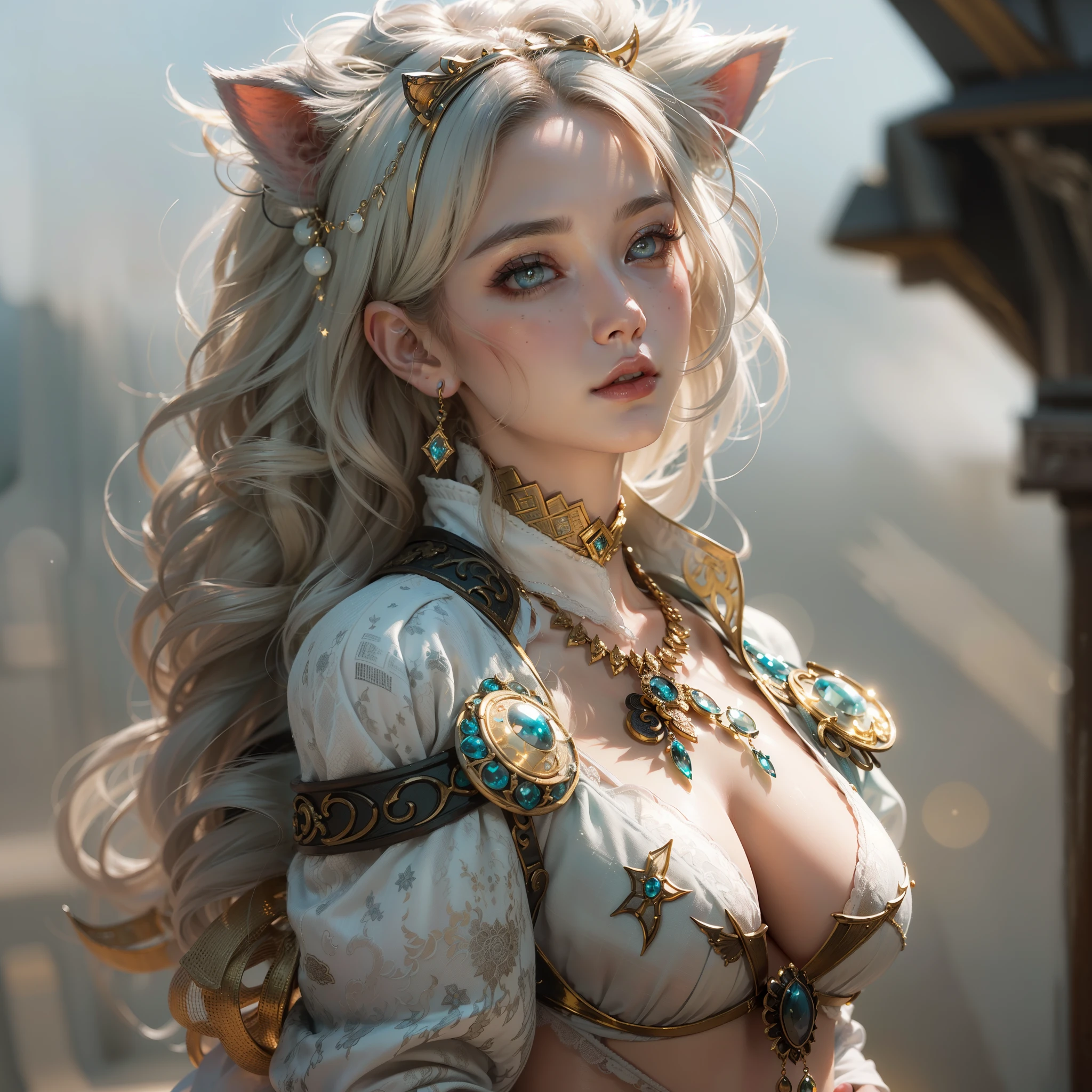((cat ears on head)), (award-winning masterpiece, incredibly detailed texture, maximum detail), (surrealistic:1.4), (full body view:1.9), (close-up of upper body:0.3), (top quality realistic textured skin), (,anatomically perfect and beautiful style:1.9), (femalepirate), (seductive smile), (accurate, perfectly round, symmetrical eyes), (dense, beautiful face: 1.8), (pale but fair skin and face: 1.8), (pirate ship), (beautiful sea), (delicately made accessories), (treasure), (bioluminescent, attractive, mysterious eyes: 1.7), (debased beauty: 1.6), (sexy clothes: 1.8), (elegant accessories: 1.8), (revealing skin: 1.8), (moonlight: 1.7), ((dramatic photo)), ((cinematic light)), (full-length portrait: 1.9), (sensual and seductive pose: 1.6), (smoke effect and seductive light: 1.4)Beautiful blonde hair, Beautiful silver hair, Red hair, Wind effects, (Drifting pheromones:1.3), (Ruined medieval mansion), Sunset, Spectacular reality, (Faded), (Faded), ((neutral tones)), (HDR:1.5), (Dull colors: 1.2), Detailed, (Artistic Station: 1.5), Cinematic, (Warm light: 1.5)Warm Light, Light Effects, Dramatic Light, (Complex Detail:1.1), Complex Background, (Greg Rutkowski:0.8), (Teal and Orange:0.4)