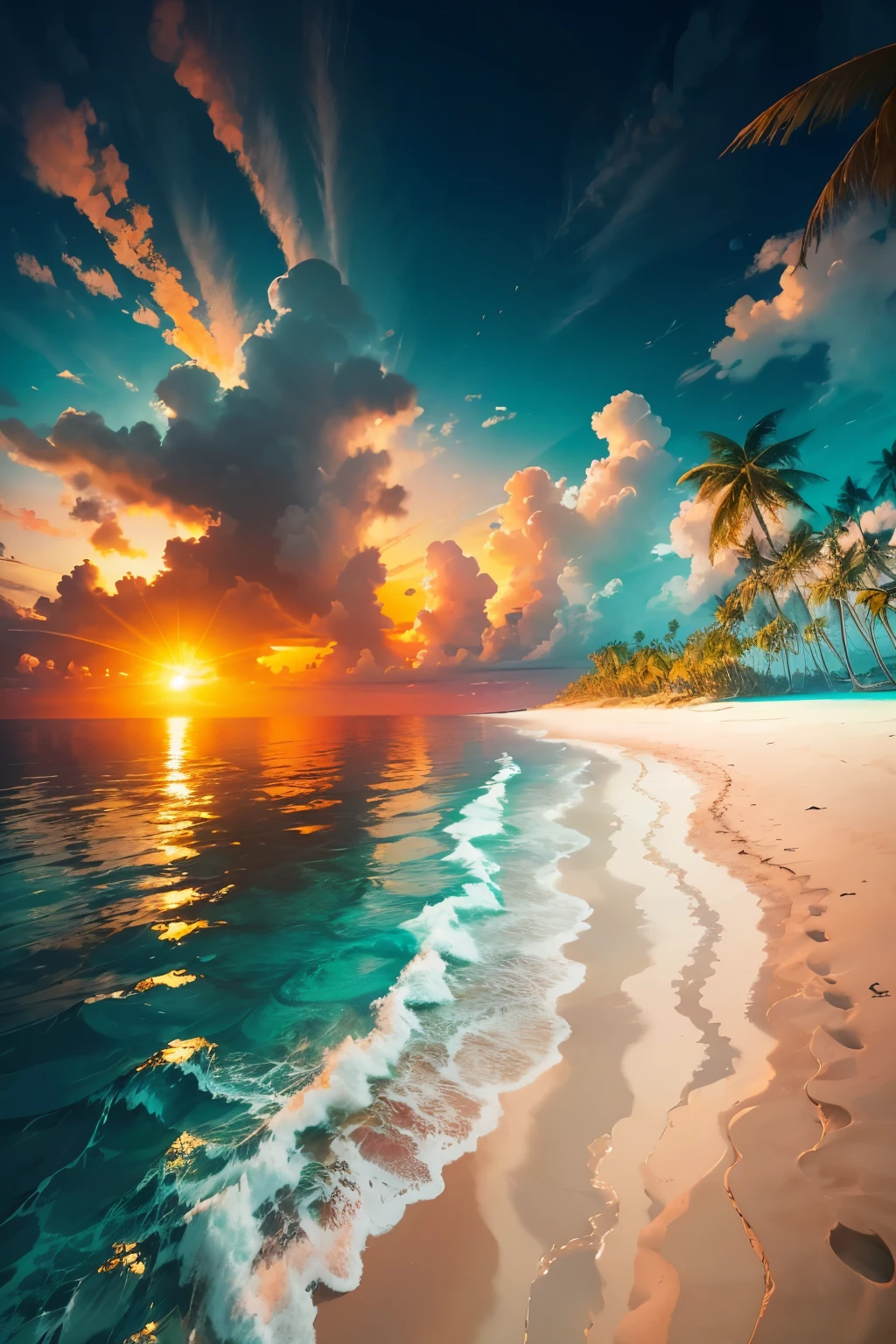 Picture prompt: Be stranded on a desert island
((Masterpiece, Best quality)), 8K, Highly detailed, ultra-detailed,
Imagine being stranded on a secluded desert island, with nothing but the sound of crashing waves and the warmth of the sun against your skin. The island is lush with tropical vegetation, with palm trees swaying gently in the breeze. The sand is soft underfoot, and the water is crystal clear, revealing a vibrant underwater world teeming with colorful fish and intriguing marine life.
In the background, you see towering clouds painting the sky in hues of orange and pink as the sun begins to set. Your clothes