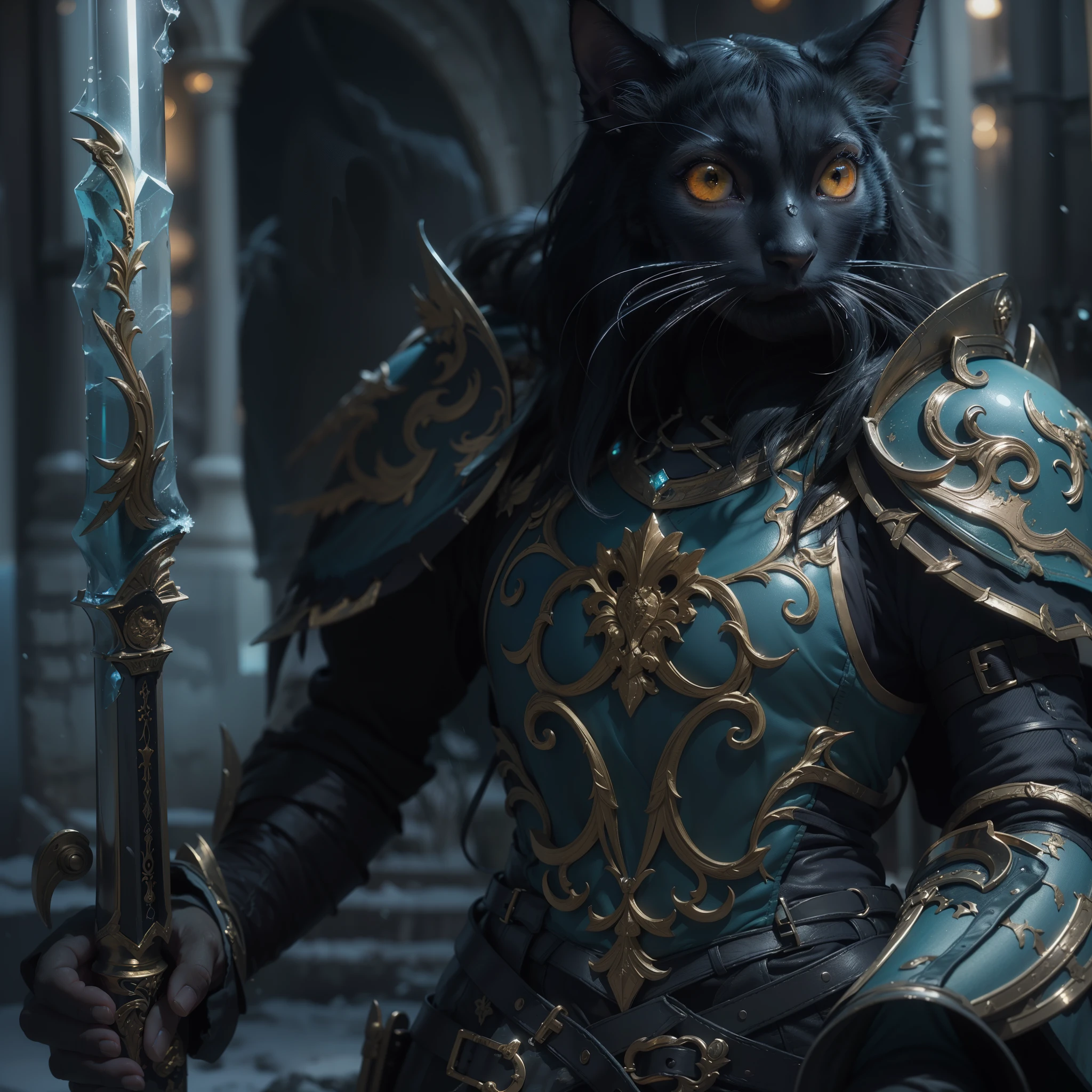 ((cat ears on head)),(Numerous award-winning masterpiece s, incredibly detailed, textured and maximally detailed), (hyper realistic:1.4), (realistic:1.3), (top quality real texture skin), (top quality real texture skin), (top quality real texture skin)(detailed true circle eyes), (detailed and beautiful face:1.6), ((medieval world)), (jet black knight), (delicately decorated dark black armor), (armor damaged but delicately decorated:1.5)Not wearing a helmet, (full length portrait:1.6), ((looking up)), ((looking down)), ((full length standing image:1.8)), (holding the hilt of an exquisitely decorated black long sword with a huge light:1.7), (dramatic pose), (gorgeous pose), (beautiful pose)beautiful blue hair, beautiful silver hair, beautiful blonde hair ,black web robe, spider on armor, strong warrior, agile warrior ((dramatic photo)), ((dynamic photo)), full length view, highly detailed, ultra-realistic, intricate details, painting (artwork), ((masterpiece, top quality)), ((cinematic light))((cinematic light)), hyper realistic, scary, dark fantasy , (masterpiece, top quality), (cinematic light), (art-station:1.5), cinematic, warm light, light effect, dramatic light, (complex detail:1.1), complex background, (greg latkowski:), (cinematic detail:1.2), (art station:0.8), (teal and orange:0.4), (swirling flames), (swirling lightning), (swirling ice and snow), old ruins with vegetation, ruins of old castle, in dungeon, ruins of ancient castle, abandoned mine, deserted ruin, crumbling ruin, transparent pondRuins with, twilight, sunset, dusk, rippling water , flowing water, battlefield, bioluminescence