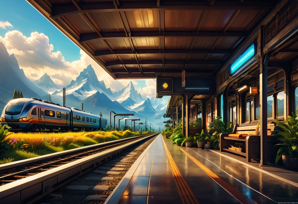 (train station scene:1.5),A train stops quietly on the tracks,Surrounded by tranquil fields and distant mountains。Warm colors in the picture,The sun shines through the clouds on the train and the platform,It creates a peaceful and comfortable atmosphere。Highlight the details and texture of the train,And the architectural style and feel of the train station。No one appears,Let the picture pay more attention to the expression of nature and environment,3D rendering miniature scene design,miniature diorama,Transparent material,Pipe conveying materials,rich and colorful,futuristic,Graphic design inspiration illustration,emerging rendering,mixer,Unreal Engine,HDR, HD,best quality
