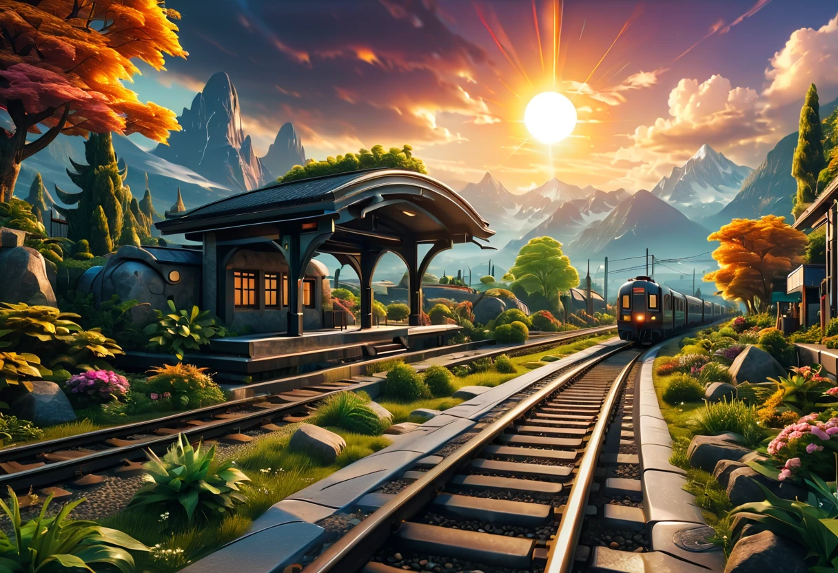 (train station scene:1.5)，A train stops quietly on the tracks，Surrounded by tranquil fields and distant mountains。Warm colors in the picture，The sun shines through the clouds on the train and the platform，It creates a peaceful and comfortable atmosphere。Highlight the details and texture of the train，And the architectural style and feel of the train station。No one appears，Let the picture pay more attention to the expression of nature and environment，3D rendering miniature scene design，miniature diorama，Transparent material，Pipe conveying materials，rich and colorful，futuristic，Graphic design inspiration illustration，emerging rendering，mixer，Unreal Engine，HDR, HD，best quality